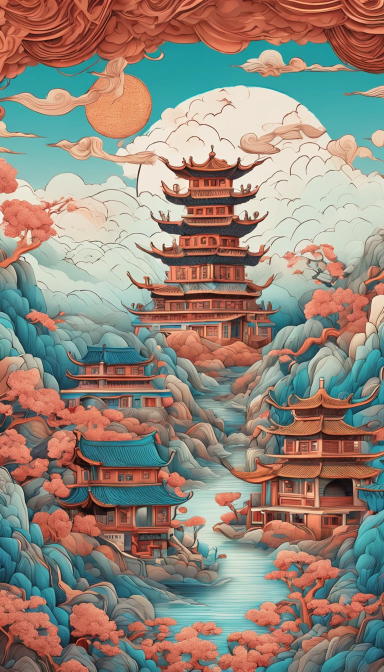 Chinese illustration on blue background, auspicious clouds, 16k, 3d, pastel, ravine stream, boat, pine tree, mountain range, Many houses, Many ancient buildings, multi dimensional paper quilling, Tunnel composition, warm light, uhd, elevation perspective,ultra realistic, morandi color, exquisite details, an expansive view of, epic detail