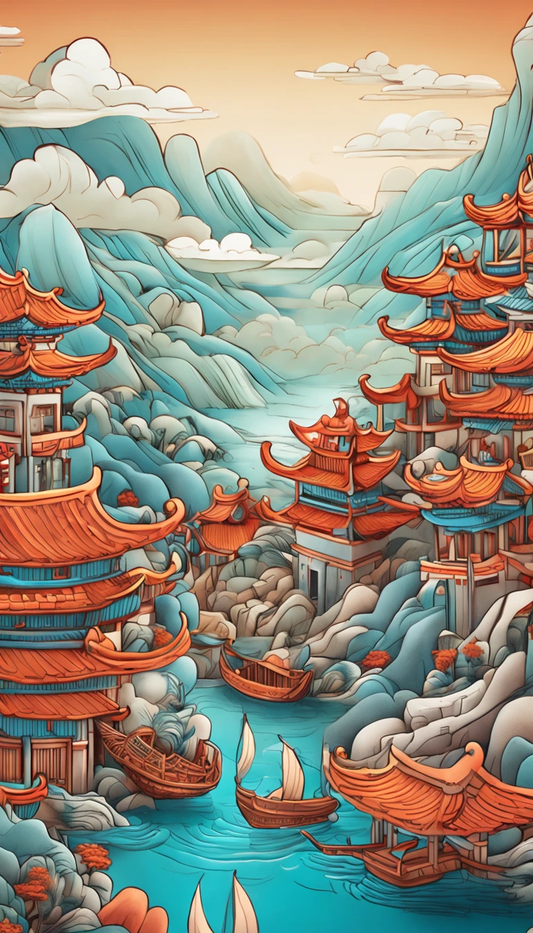 Chinese illustration on blue background, auspicious clouds, 16k, 3d, pastel, ravine stream, boat, pine tree, mountain range, Many houses, Many ancient buildings, multi dimensional paper quilling, Tunnel composition, warm light, uhd, elevation perspective,ultra realistic, morandi color, exquisite details, an expansive view of, epic detail