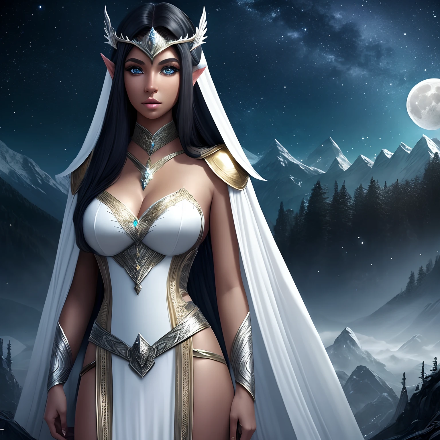moon elf woman, sexy, light skin, moon, night, dark, beautiful, black hair, blue eyes, white clothing, brightness, hyperrealistic, concept art, medieval, epic, fantasy, princess, queen, forest, mountains, 2.5d cgi