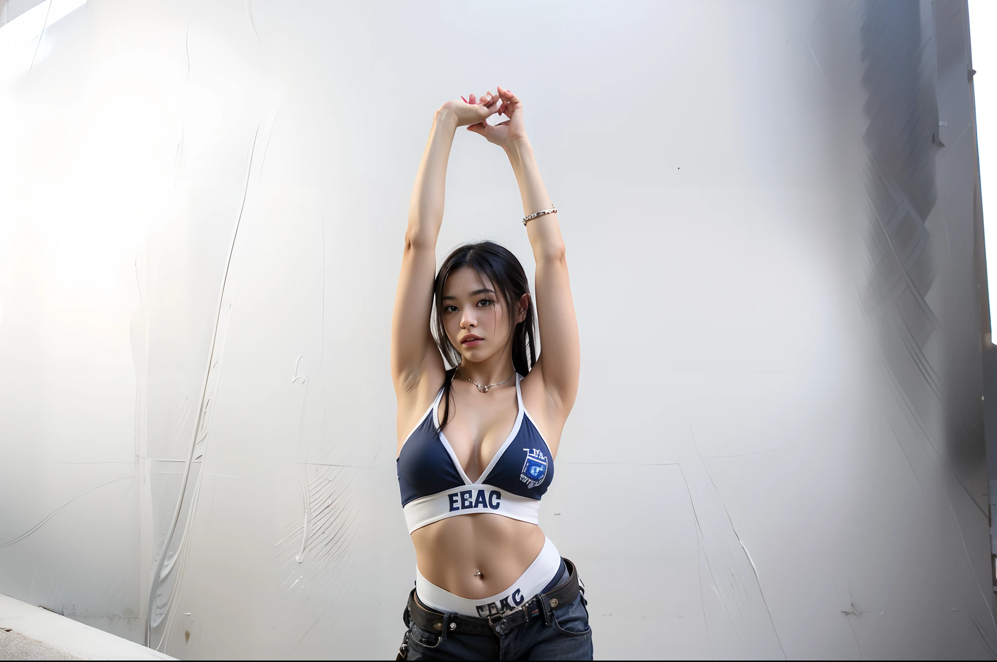 arafed woman with black hair and a white top crouches down, casual pose, 2 4 old female model, attractive pose, taken with canon eos 5 d, various poses shooting photos, sexy pose, young asian girl, taken with canon eos 5 d mark iv, taken with a canon eos 5d, taken with a canon eos 5 d, very sexy pose, cars around abandoned gas station sign made from a rocket beautiful blue sky Clutter-Home (AtomPunkStyleSD15:1.0), (masterpiece:1.2) (photorealistic:1.2) (bokeh) (best quality) (detailed skin) (intricate) (8k) (HDR) (cinematic lighting) (sharp focus)