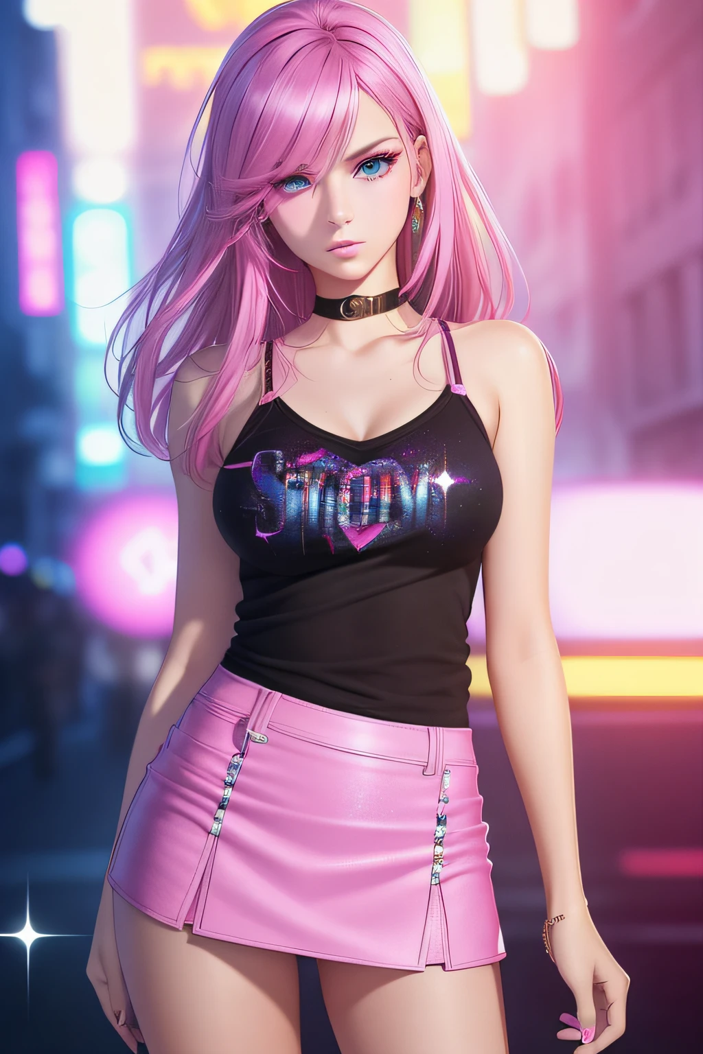 Highly detailed 4k realistic photo (lilith: 1.2), ((whole body, including legs)) of the beautiful 18-year-old sweaty Anglo-Saxon girl with ((pointed jaw)) and perky breasts, in wet underwear with a wet and transparent bra with a deep neckline, evening, beautifully drawn hands, (hell: 1.2), neon lights, ramen shot, neon signs, cars, tank top wet, small skirt, demon, horns