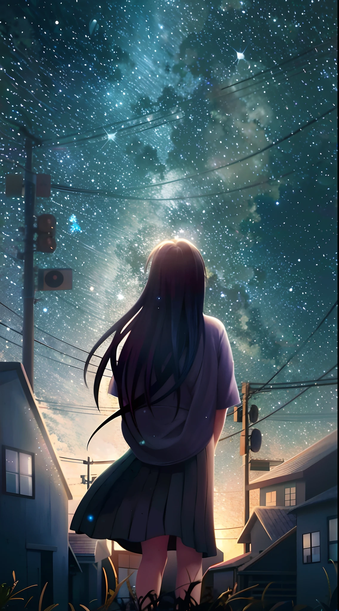 Anime girl looking at the stars in the sky, girl looks at the space, Makoto Shinkai Cyril Rolando, watching the stars, 4k manga wallpapers, looking to stars, Cosmos Sky. By Makoto Shinkai, Anime art wallpaper 4k, Anime art wallpaper 4 K, looking at the stars, Anime art wallpaper 8 K, Looking at the sky