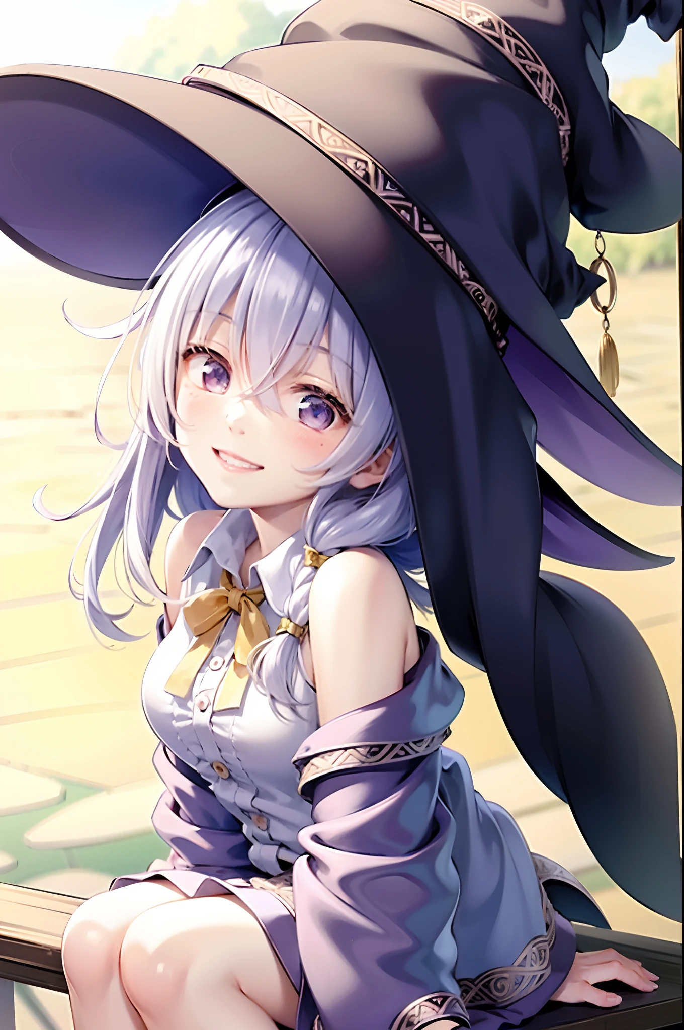 bare shoulders ,white_collared shirt,yellow ribbon,lyileina,witch hat,light smile,larger breats,best quality