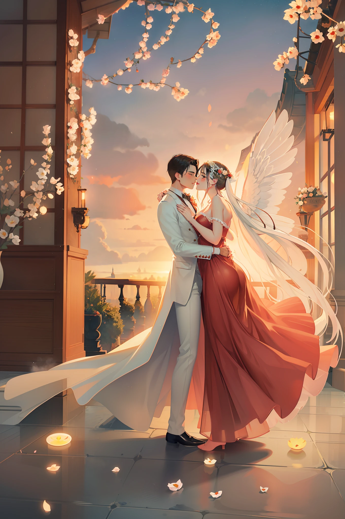 tmasterpiece，centered composition，high-class details，romantic couple, Dancing, Wind, Flowing hair, (embrace:1.2), Sunset, Beautiful dress, suit, elegant, (Whispering:1.1), Twinkling stars, Moonlight, Enchanting, Passionate, Love, kisses，Gentle movements, spin, gracefulness, An expression of happiness, (Tenderness:1.3), Floating petals, Dreamlike atmosphere, Flying dress, magical, Intimate moments, Breathtaking, (Candlelight:1.2), soft music, (recall:1.1), Happy smile, (romantic setting:1.3), Slow dance, serenade, (Sparkling eyes:1.2), Tender gestures.advertisement photography