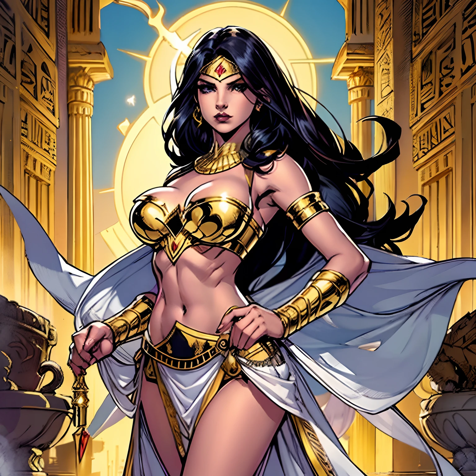(masterpiece, top quality, best quality, official art, beautiful and aesthetic:1.2), (1girl:1.3), long and straight black hair, tanned skin, extremely detailed, portrait, looking at viewer, solo, (full body:0.6), detailed background, close up, mischievous eyes, (hot summer Egypt theme:1.1), Egyptian duelist woman, heavy Egyptian makeup, winged eyeliner, long neck, Persian nose, bold nose, long nose, arched nose, downturned nose, large nose, dark tan skin, charlatan, smirk, mysterious, walking in desert, revealing white and gold and sapphire Egyptian silks, cobra headdress, white short skirts, criss cross top, criss-cross top, halter top, jewelry, minimal armor, white fabric, gold jewelry, precious stones, dual sickle swords, gigantic breasts, cleavage, skindentation, slim waist, slim hips, long legs, ancient (Egyptian temple exterior:1.1) background, dark mysterious lighting, shadows, magical atmosphere, dutch angle,