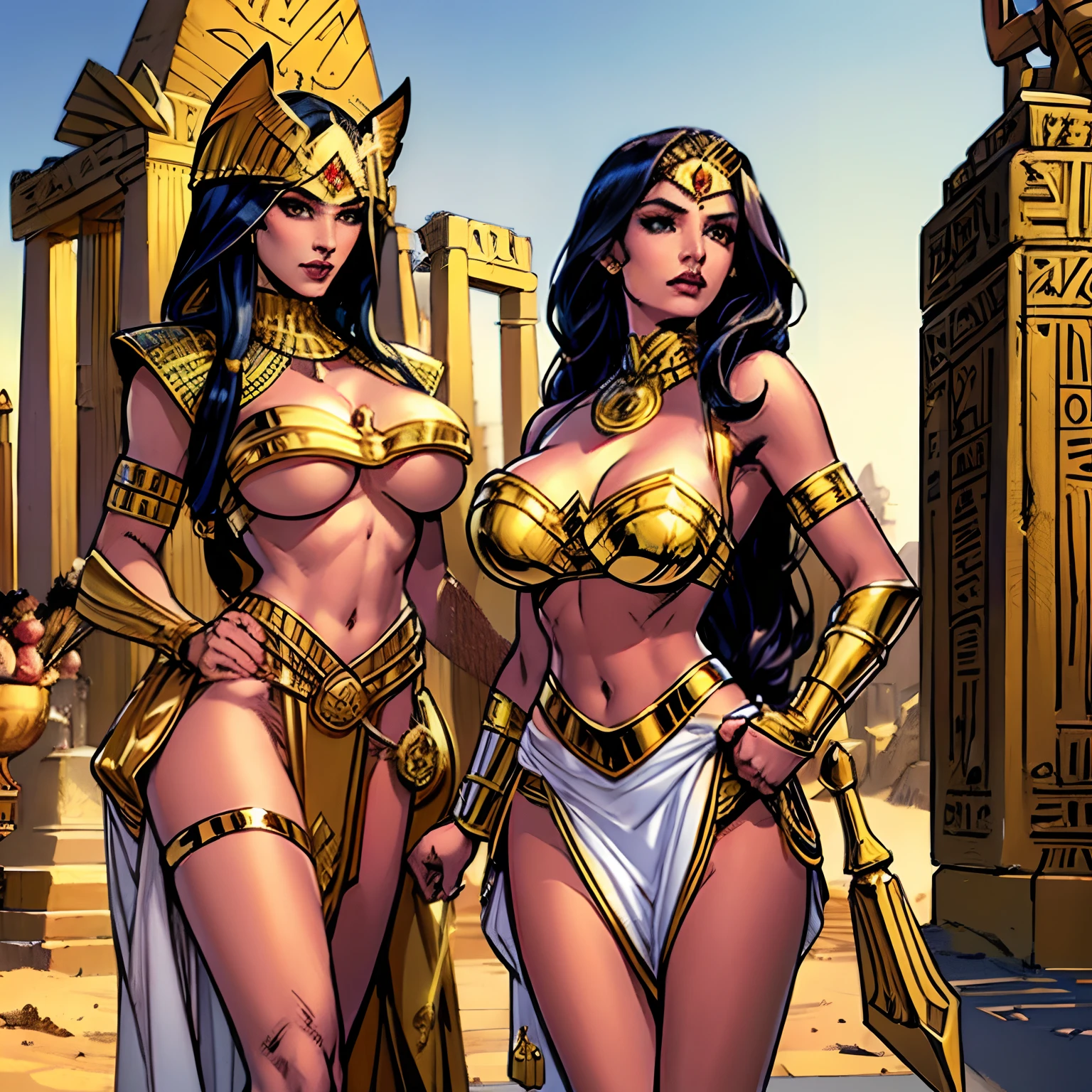(masterpiece, top quality, best quality, official art, beautiful and aesthetic:1.2), (1girl:1.3), long and straight black hair, tanned skin, extremely detailed, portrait, looking at viewer, solo, (full body:0.6), detailed background, close up, mischievous eyes, (hot summer Egypt theme:1.1), Egyptian duelist woman, heavy Egyptian makeup, winged eyeliner, long neck, Persian nose, bold nose, long nose, arched nose, downturned nose, large nose, dark tan skin, charlatan, smirk, mysterious, walking in desert, revealing white and gold and sapphire Egyptian silks, cobra headdress, white short skirts, criss cross top, criss-cross top, halter top, jewelry, minimal armor, white fabric, gold jewelry, precious stones, dual sickle swords, gigantic breasts, cleavage, skindentation, slim waist, slim hips, long legs, ancient (Egyptian temple exterior:1.1) background, dark mysterious lighting, shadows, magical atmosphere, dutch angle,