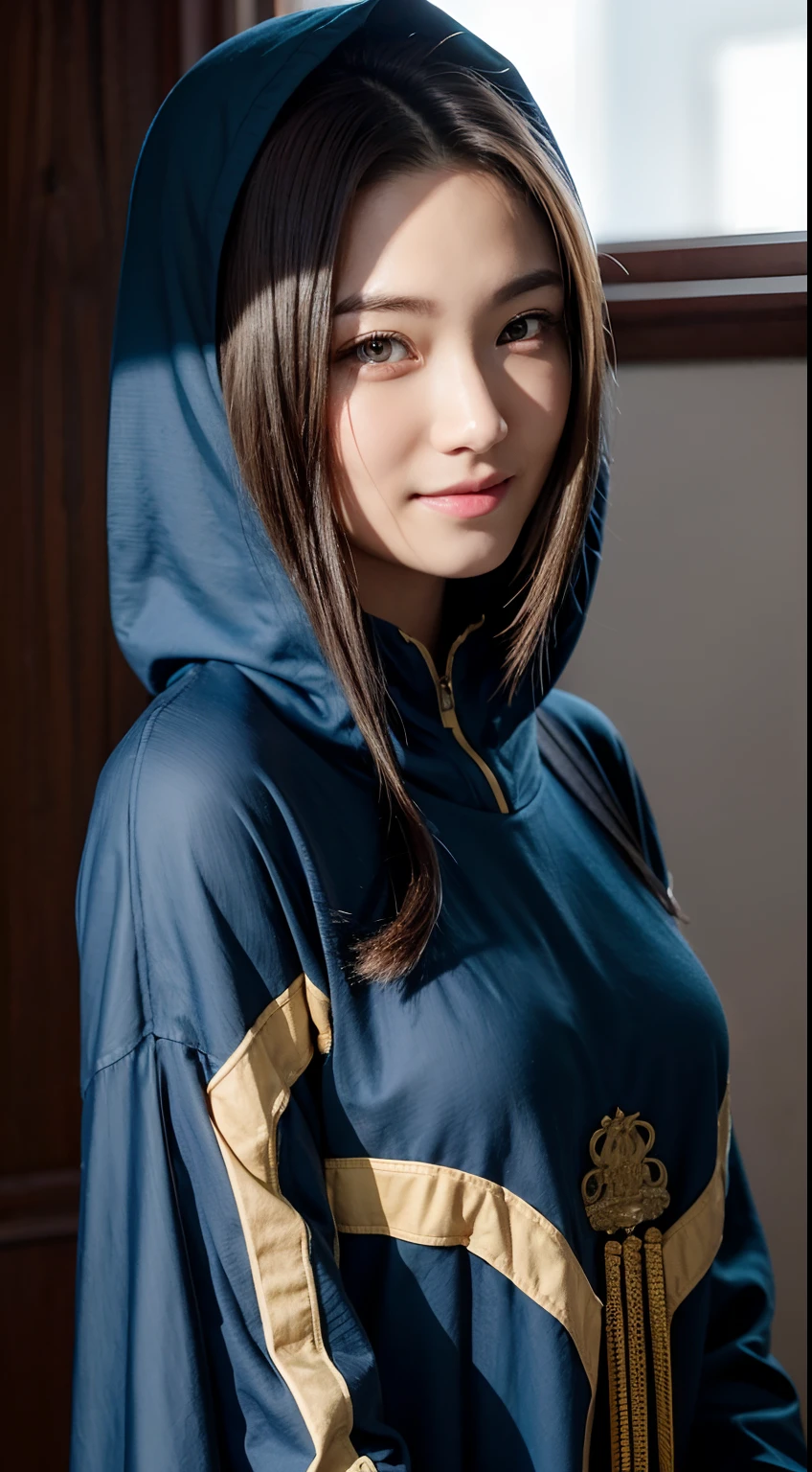 8k, best quality, masterpiece, realistic, ultra detail, photo realistic, hyper realistic, smoother lighting, increase cinematic lighting quality, realistic lighting, backlighting, brightening light, Increase quality, best quality real texture skin,
close-up, slender, cute face, smile, beautiful details eyes, 19years old chinese, pretty, Drill hair with electric blue color, hood,full body shot