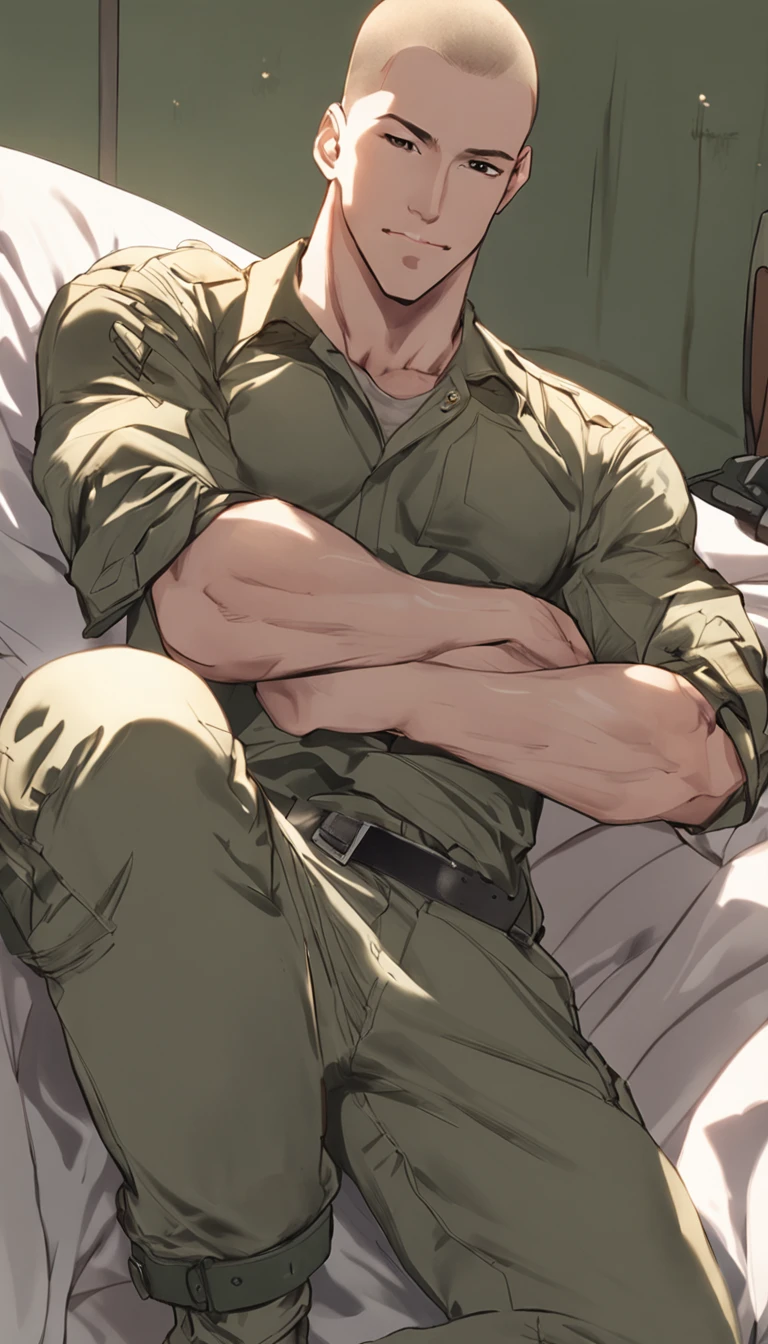 highres, high quality, detailed, f/2.8, (homoerotic nude man:0.6), 22 year old (soldier:1.4) laying in cot in army barracks, from front and from above, with legs spread and arms behind head, (perfect smile:0.7), with buzzcut hairstyle and hazy green eyes, ((unzipped pants, bulge underwear peek:1.2), boots, smooth bare chest male, big pecs, unbuttoned opened shirt, toned abs, navel, muscular, full body:1.1), (military, army, national guardsman:1.1), (depth of field:0.7), (penerec, erect penis, shaft, frenulum, big dick, scrotum with testicles:1.2)