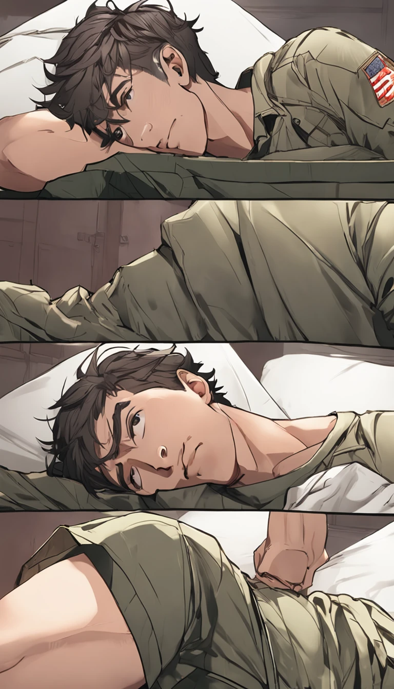 highres, high quality, detailed, f/2.8, (homoerotic nude man:0.6), 22 year old (soldier:1.4) laying in cot in army barracks, from front and from above, with legs spread and arms behind head, (perfect smile:0.7), with buzzcut hairstyle and hazy green eyes, ((unzipped pants, bulge underwear peek:1.2), boots, smooth bare chest male, big pecs, unbuttoned opened shirt, toned abs, navel, muscular, full body:1.1), (military, army, national guardsman:1.1), (depth of field:0.7), (penerec, erect penis, shaft, frenulum, big dick, scrotum with testicles:1.2)