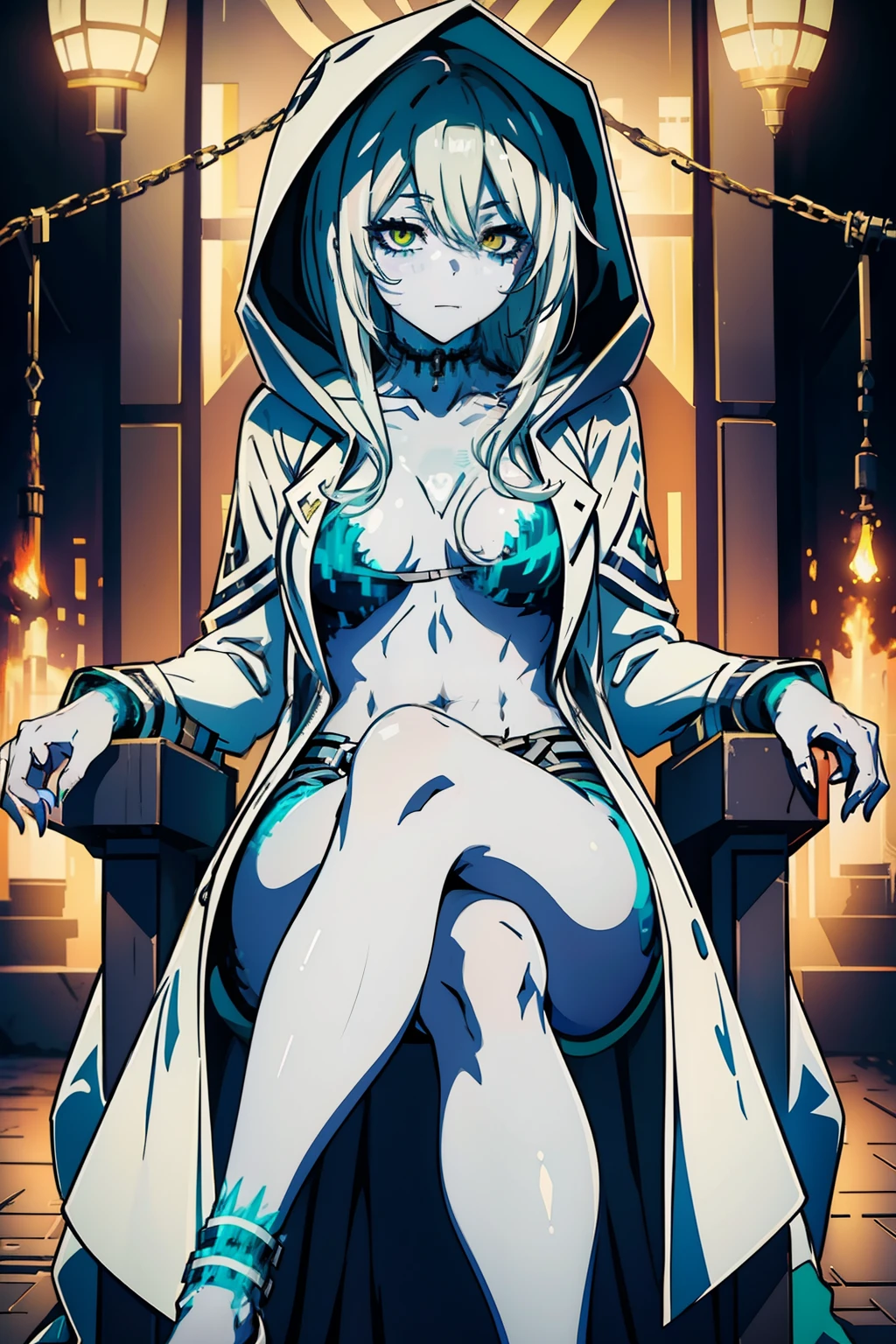 (masterpiece, best quality, ultra-detailed), 1girl, LokiKamikatsu, hooded coat, digital outfit, digital choker, white skin,looking at viewer, (sitting on a throne)
