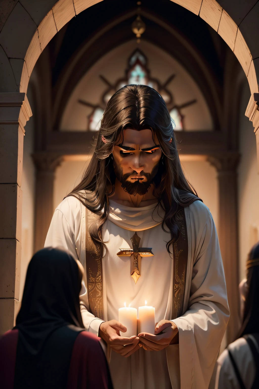 Generate a sharp image depicting Jesus Christ immersed in prayer, situado dentro de uma sinagoga tradicional. He is to be encompassed by His disciples, exuding reverence and concentration in His teachings. The details of the environment should evoke a historical scenario, complete with costumes and architecture appropriate for the period. The behavior of Jesus and the disciples must mirror a deep spiritual bond