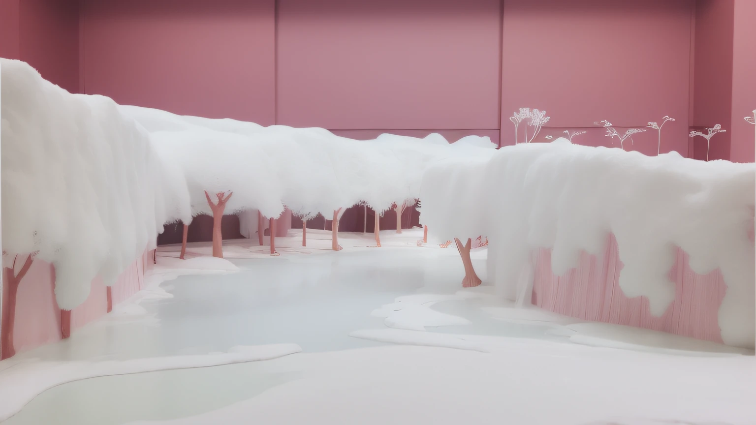 White cotton forest. Pink cardboard box in depth. Maquete. Cachoeira branca. Cachoeira. agua.