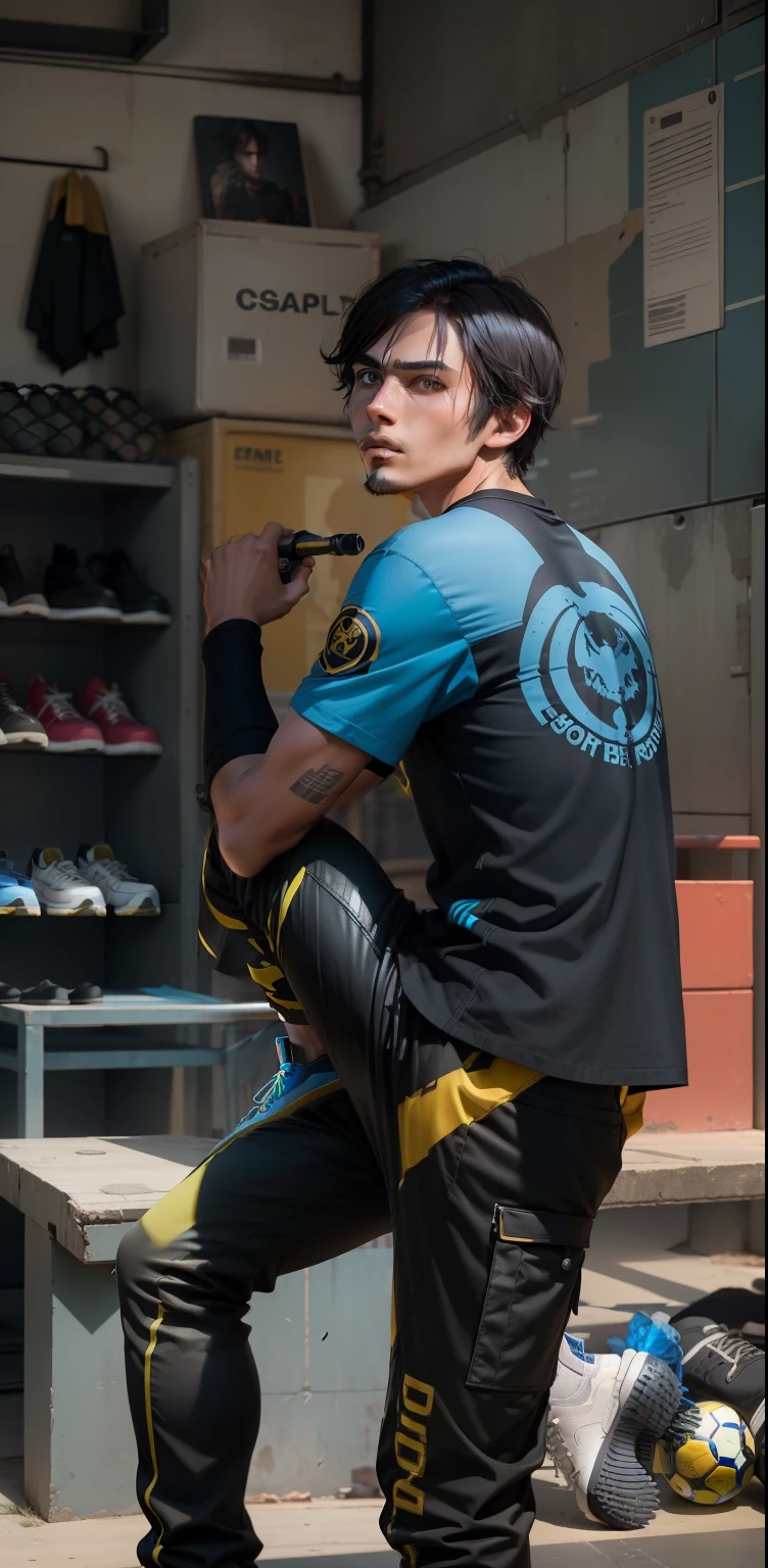 Boy, free fire wolfrah character, plain black shirt, free fire blue angel pants, yellow soccer shoes, according to the picture