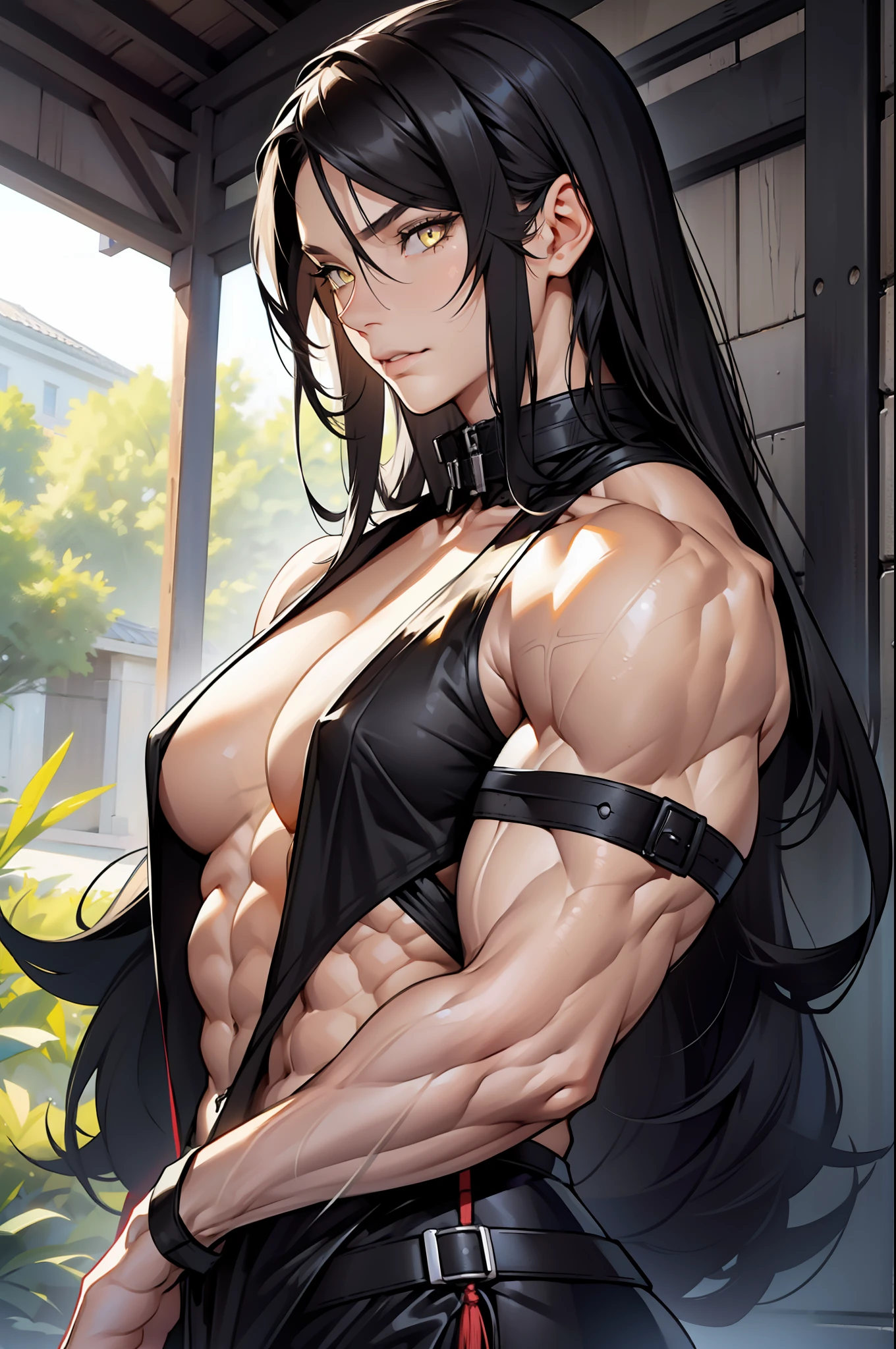 (((((1 girl))))), (solo), black hair, yellow eyes, very long hair, ((((((muscular)))))), tall, pale skin, (seductive expression)