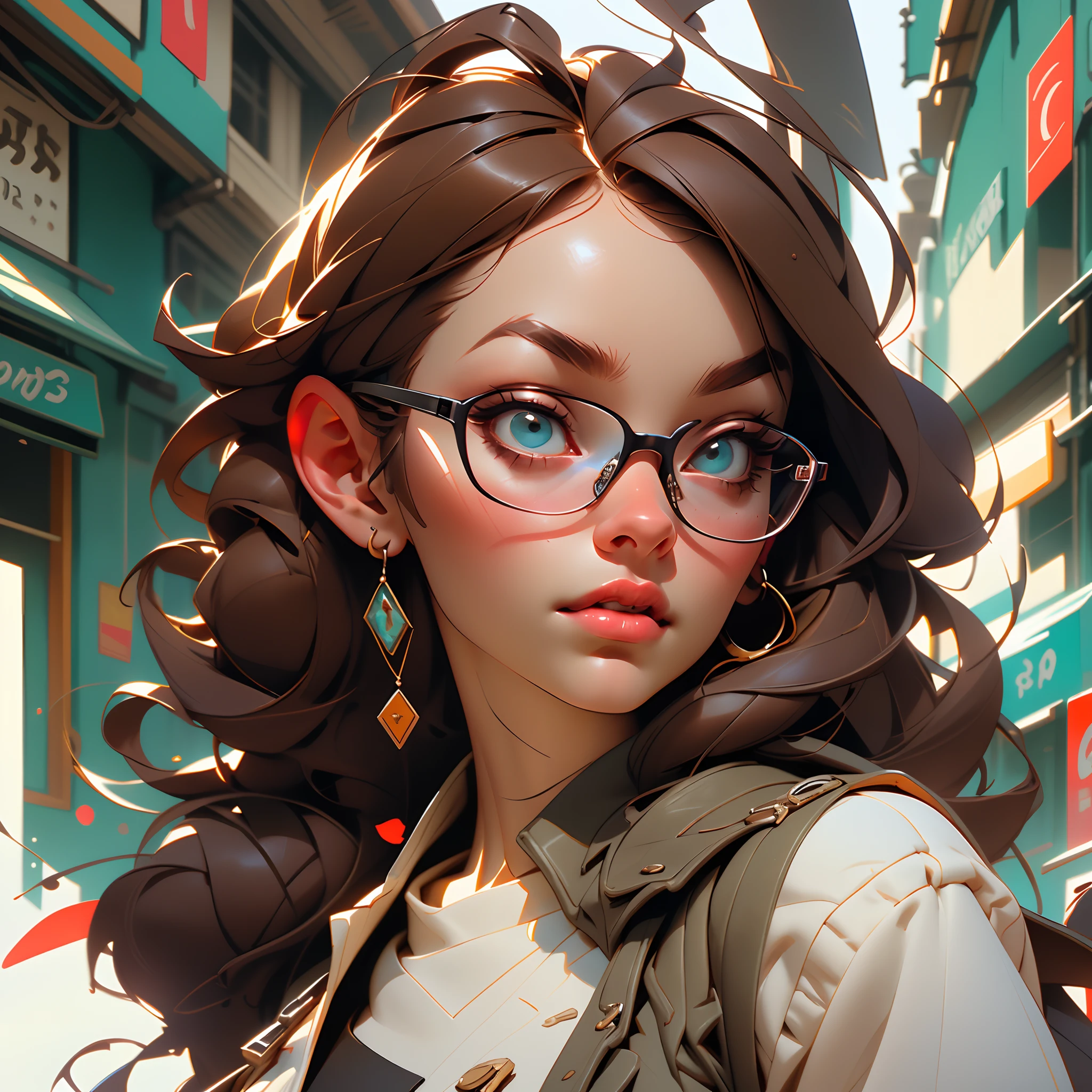 White girl with brown hair and white glasses, by Alejandro Burdisio