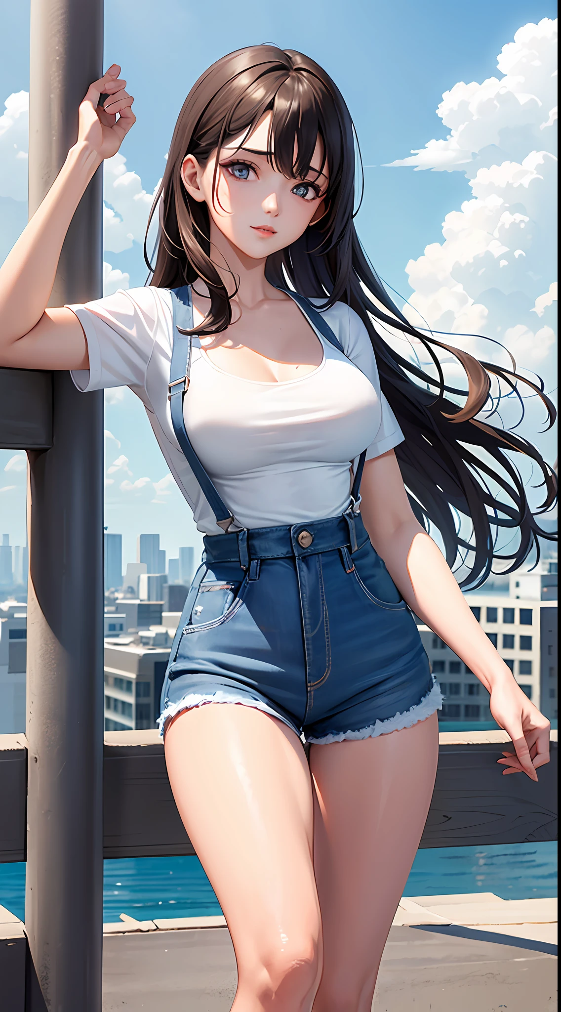 (Daytime, Excellent, 8K, Masterpiece:1.3)), Full body, Long legs, Focal length: 1.2, Perfect Body Beauty: 1.4, Slim Abs: 1.1, ((Dark Brown Hair, Big Breasts: 1.2 )), (White Skinny T-shirt, Denim Suspenders, Standing: 1.2), ((City, Blue Sky and White Clouds: 1.3)), Highly detailed face and skin texture, Detailed eyes, Double eyelids, Flying long hair