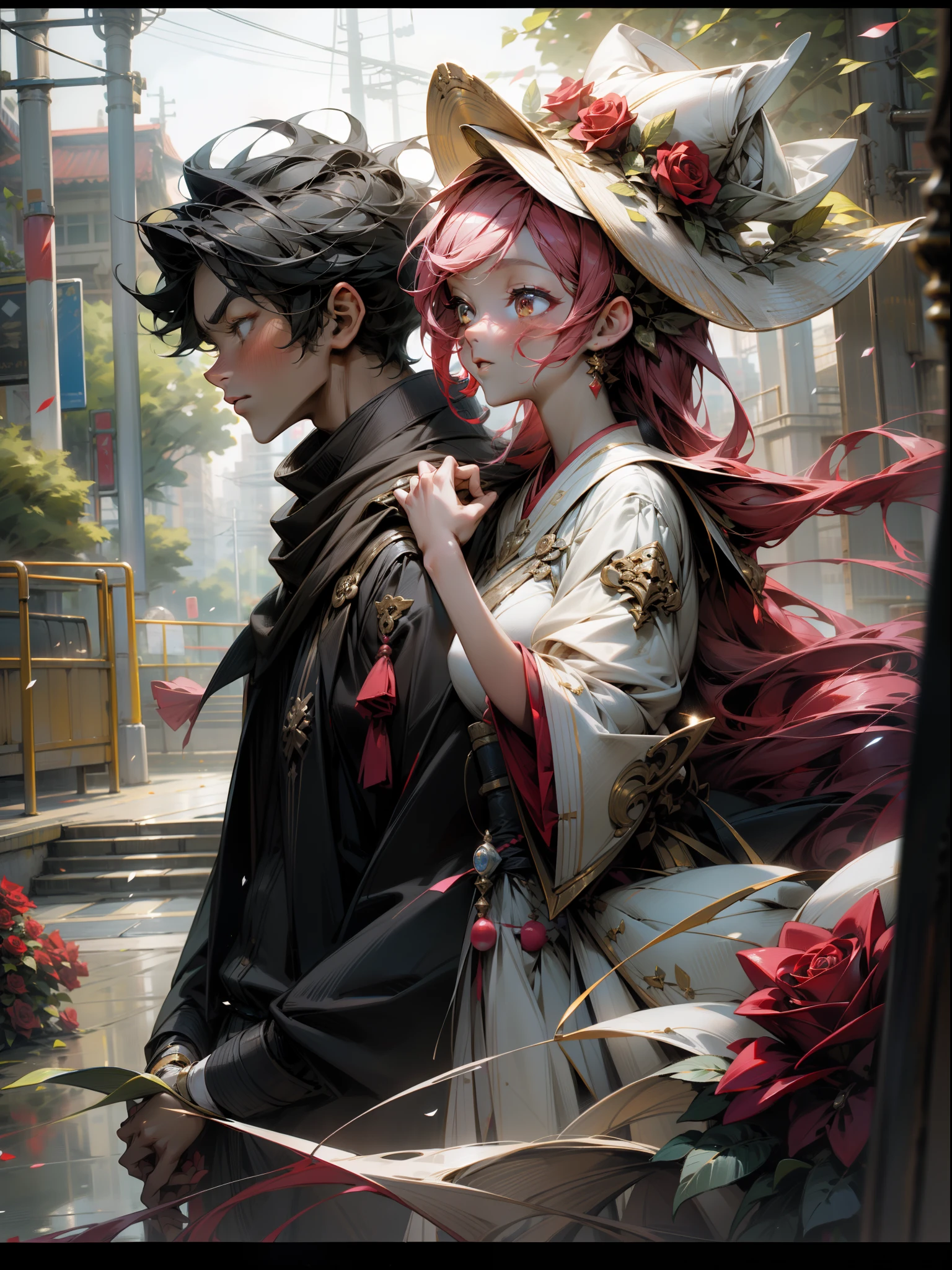 Romantic Tanabata,modern urban,Couples strolling hand in hand,Red rose,Boys and girls clasp their fingers,Natural light,plethora of colors,Rich in elements,Facial features are super detailed,Couple upper body photo,Ultra-high sharpness、k hd、8K、