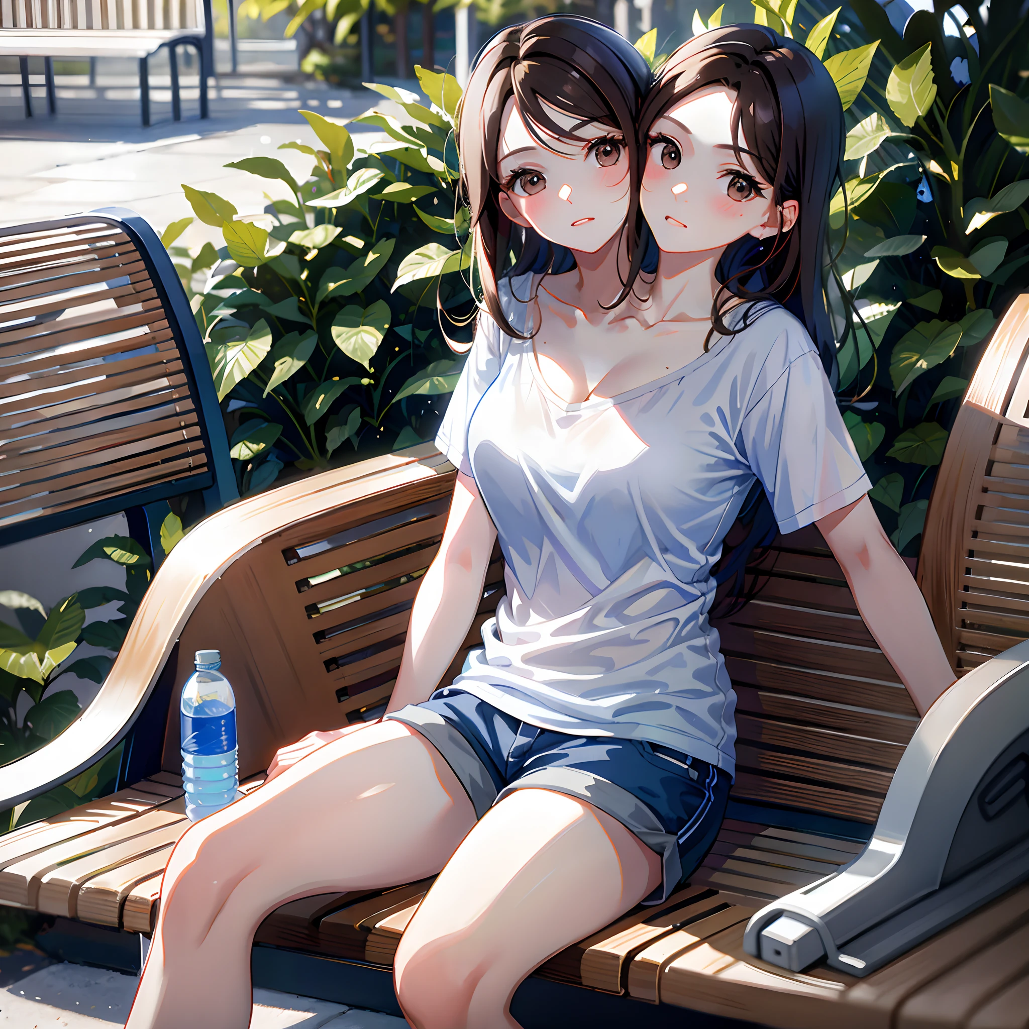 (masterpiece, best quality), best resolution, (2heads:1.5), 1girl, brown hair, brown eyes, mouth open, tired, breathing heavily, white shirt, blue short pants, sitting on a park bench, wiping sweat from forehead with one hand, water bottle on the bench, clear day