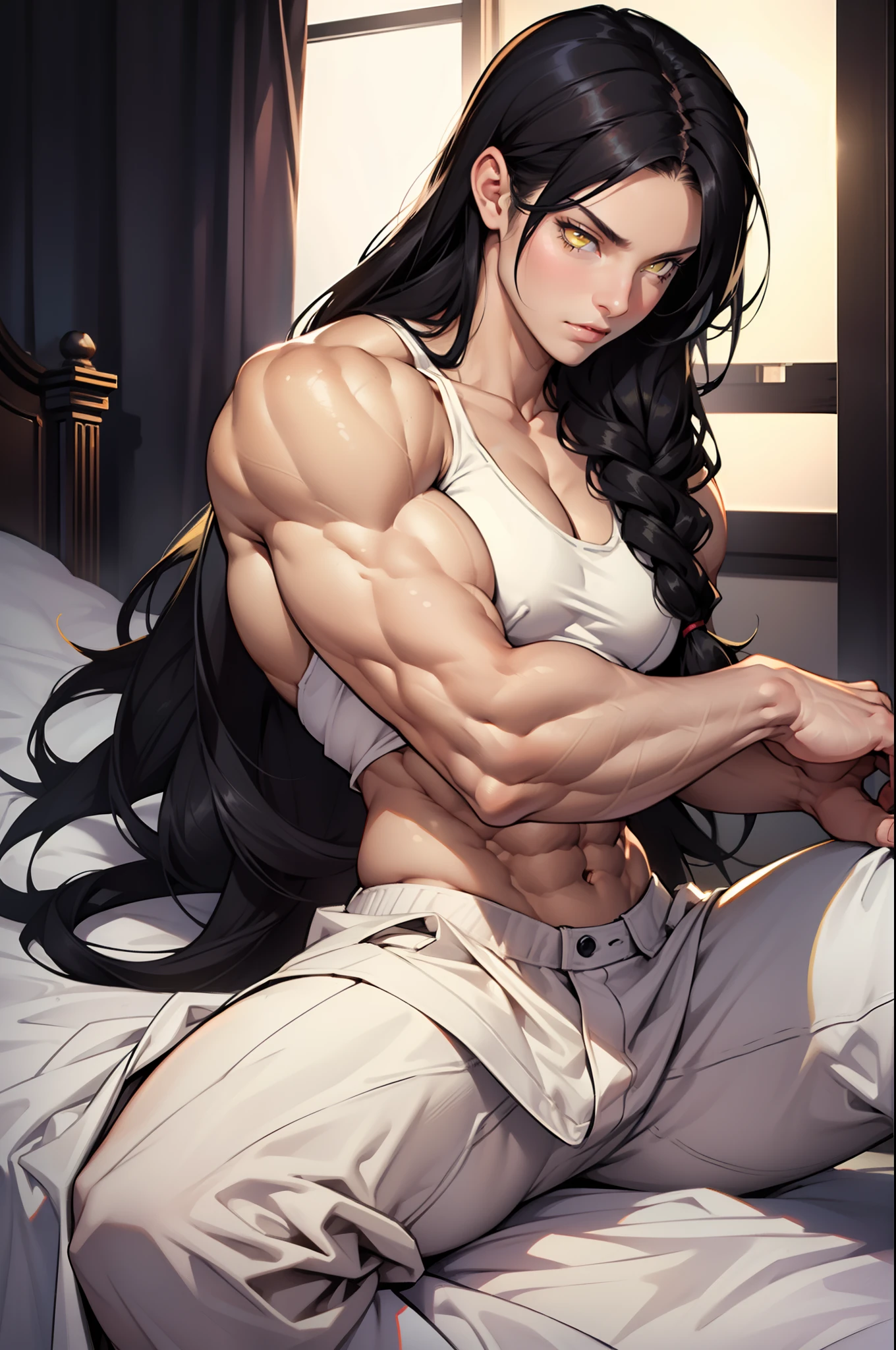 (((((1 girl))))), black hair, yellow eyes, very long hair, ((((((muscular)))))), tall, pale skin, in bed, (seductive expression)