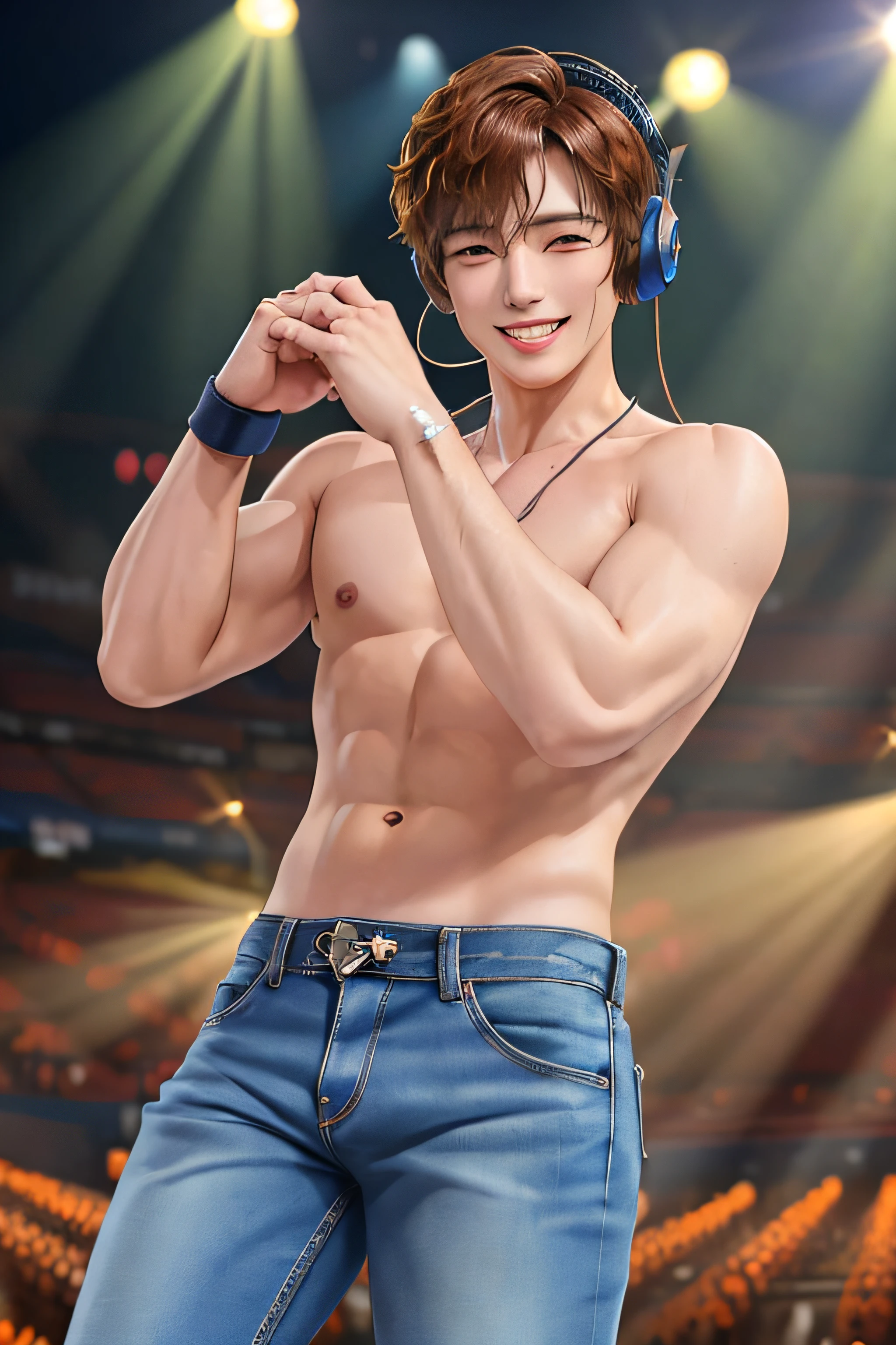 (masterpiece, best quality:1.2), cowboy shot, solo, male focus, 1boy, smile, looking at viewer, headphones, shirtless, ripped jean, sport shoe, concert, spotlight