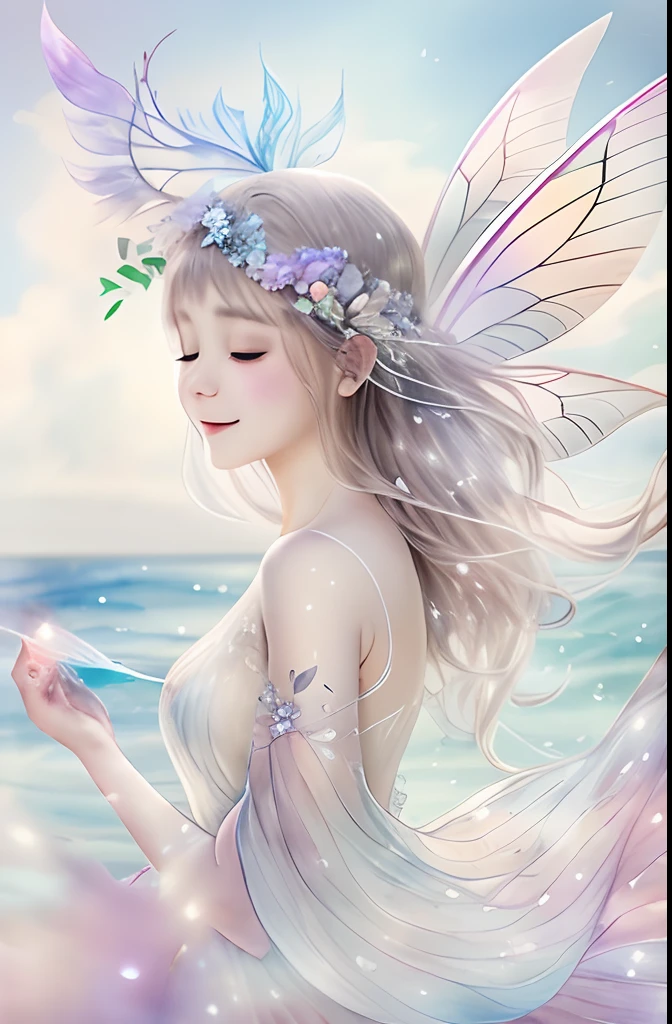 Beautiful fairy with a sense of transparency､Beautiful sparkling ocean、Transparent feathers､kindly smile､Summer background､Gentle and transparent fairy､Watercolor Paint､strong woman