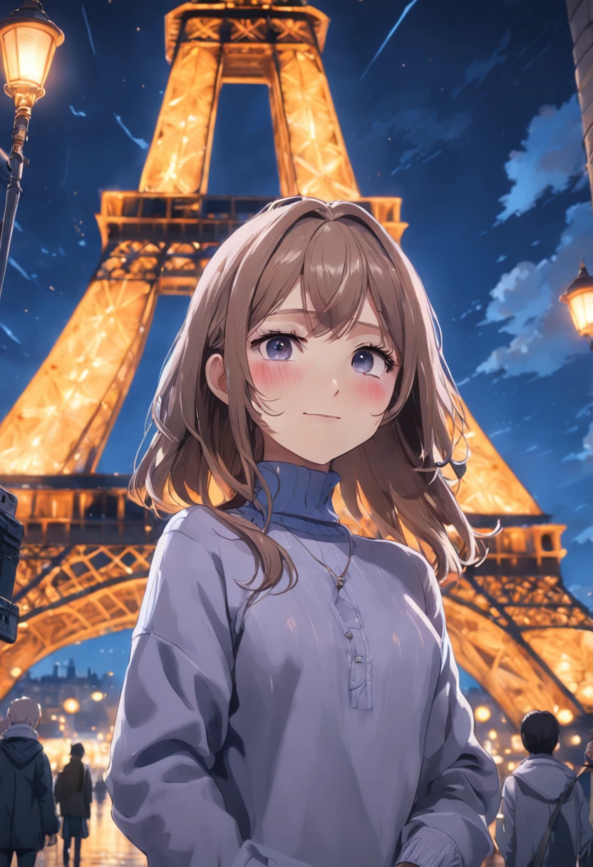 (8K、top-quality、​masterpiece:1.2)、 (realisitic、Photorealsitic:1.37)、 ultra-detailliert、DJSODA、 1 girl in、full bodyesbian、Wearing a turtleneck sweater and skinny jeans、Standing in the streets of Paris with the Eiffel Tower in the background、 cute little、独奏、 Beautiful detailed sky、 (a smile:1.15)、(Mouth closed)、 tiny chest、 beatiful detailed eyes、 (length hair:1.2)、 Floating Hair Novafrog Style、