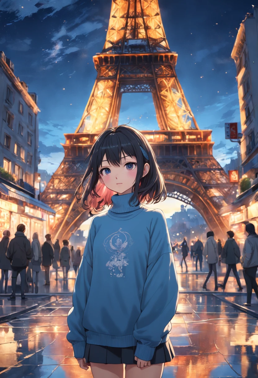 (8K、top-quality、​masterpiece:1.2)、 (realisitic、Photorealsitic:1.37)、 ultra-detailliert、DJSODA、 1 girl in、full bodyesbian、Wearing a turtleneck sweater and skinny jeans、Standing in the streets of Paris with the Eiffel Tower in the background、 cute little、独奏、 Beautiful detailed sky、 (a smile:1.15)、(Mouth closed)、 tiny chest、 beatiful detailed eyes、 (length hair:1.2)、 Floating Hair Novafrog Style、