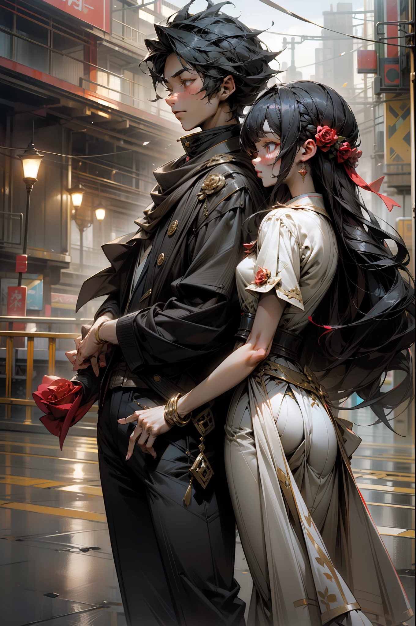 Romantic Tanabata,modern urban,Couples strolling hand in hand,Red rose,Boys and girls clasp their fingers,Natural light,plethora of colors,Rich in elements,Facial features are super detailed,cowboy_shot,Ultra-high sharpness、k hd、8K、