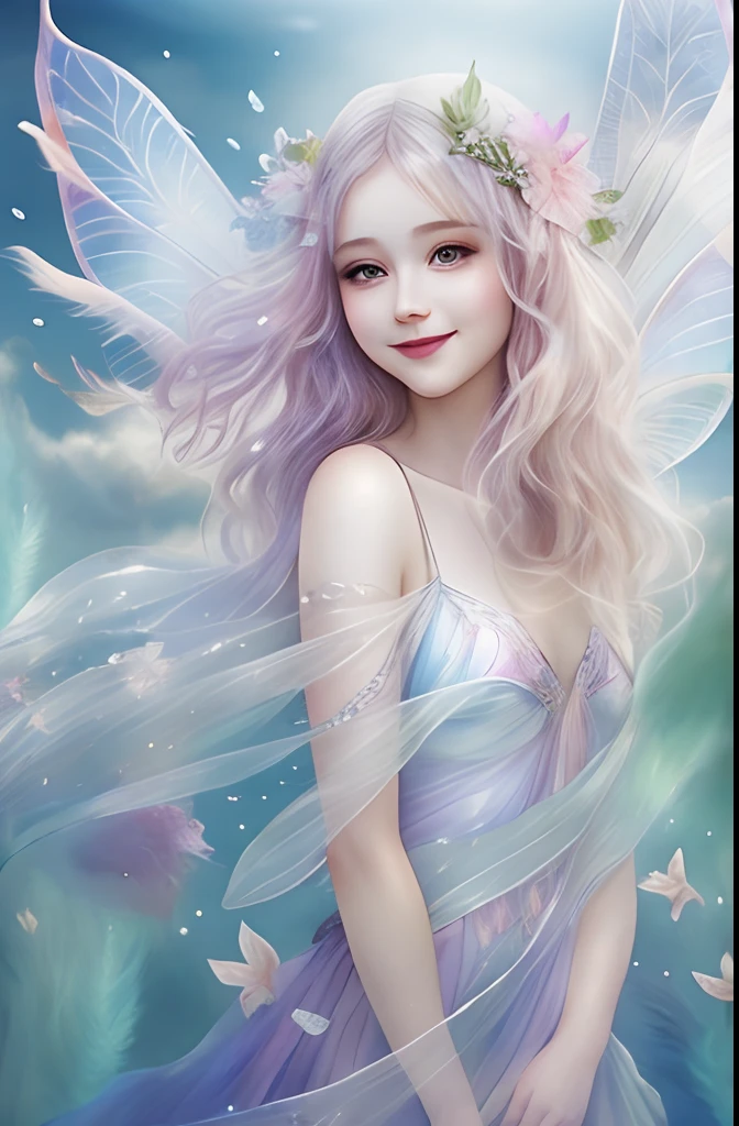 Beautiful fairy with a sense of transparency､Beautiful sparkling ocean、Transparent feathers､kindly smile､Summer background､Gentle and transparent fairy､Watercolor Paint､strong woman