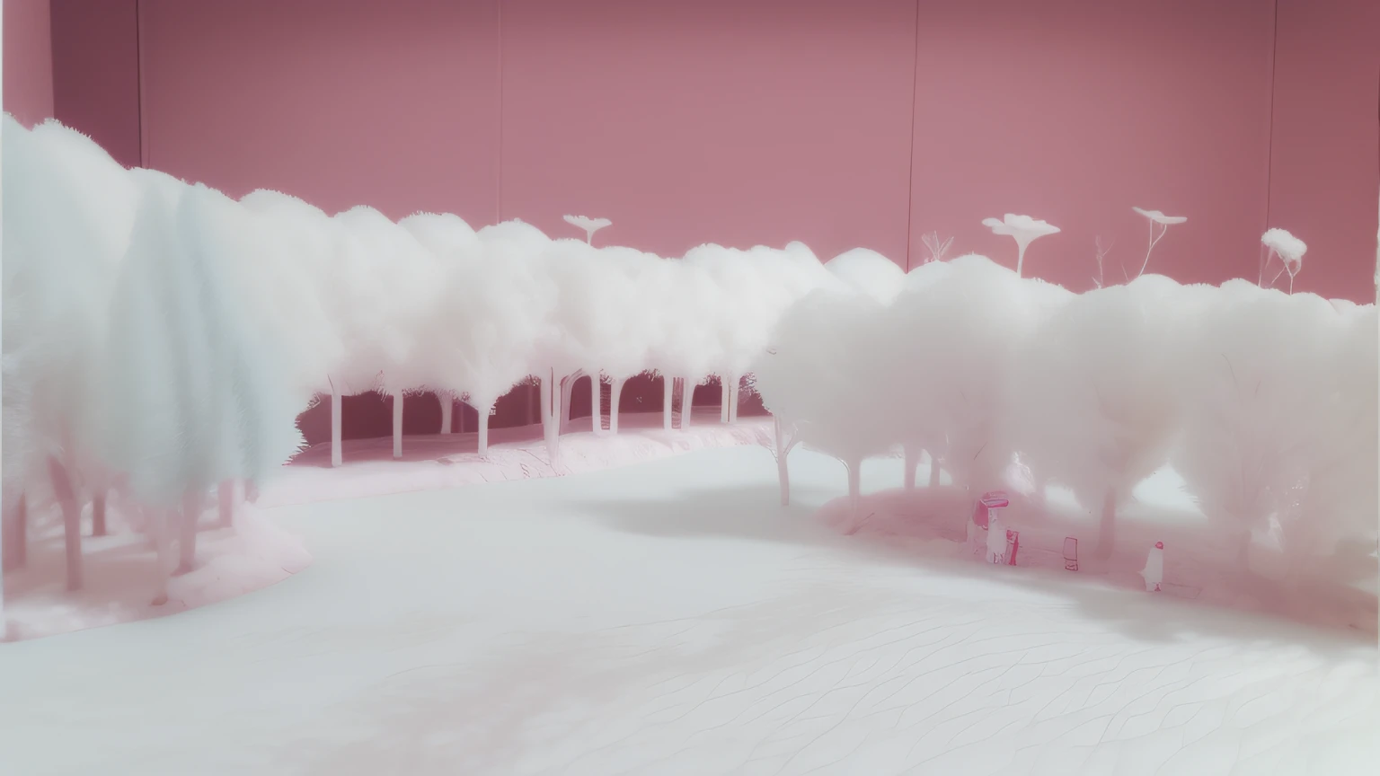 White cotton forest. Pink cardboard box in depth. Maquete. Cachoeira branca. Cachoeira. agua.