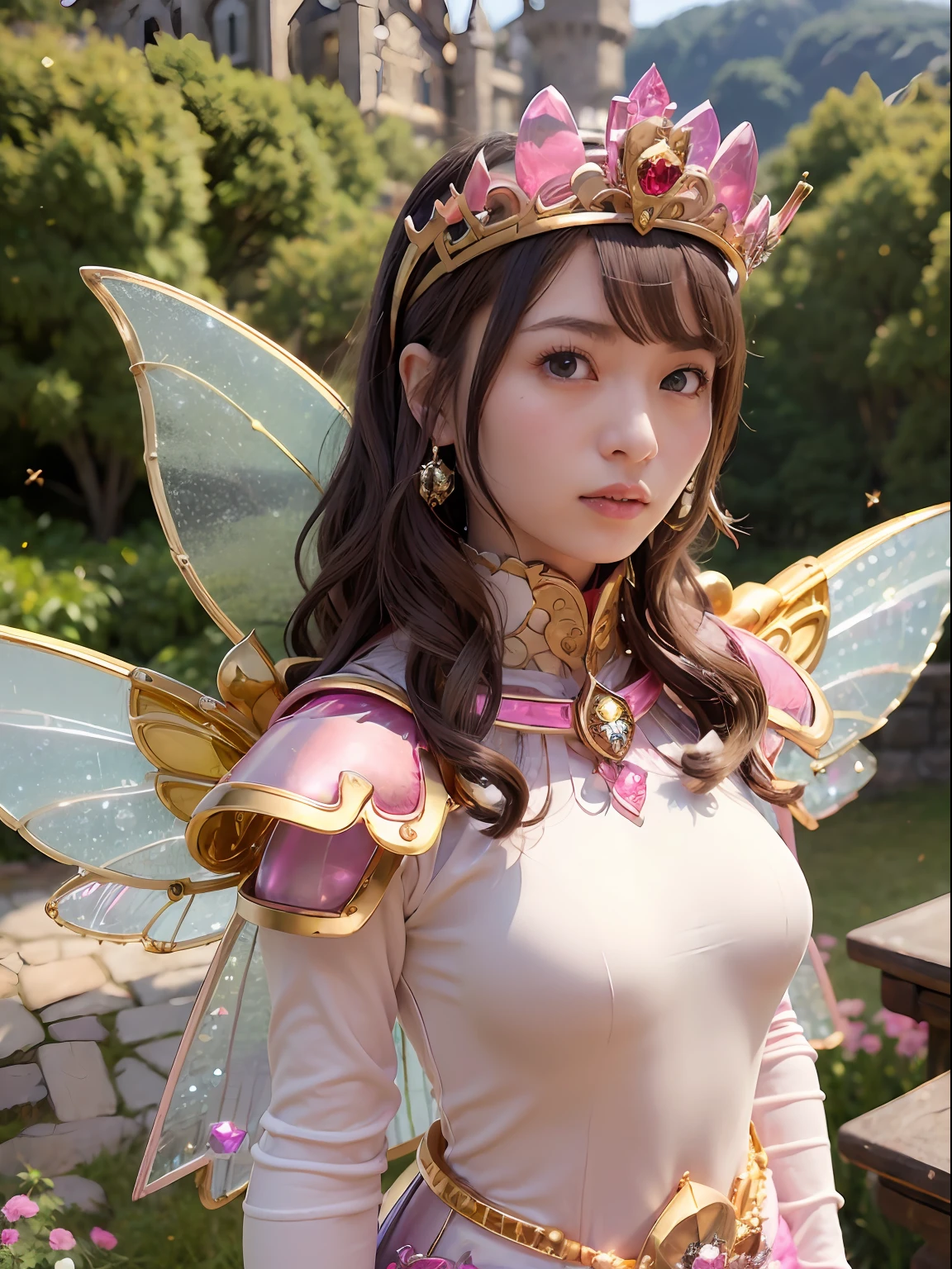 (masutepiece), Professional , masterpiece、top-quality、photos realistic , depth of fields (Gemstone Flower Metal Body:1.4),(Matte Silver Pink、Jewel Gold Weapon、(Gorgeous castle background)、(ultimate beauty girl)、(Flower rainbow fairy wings grow)、(Jewel Flower Metal Body:1.9),Gorgeous Jewel Metal Weapons , Detailed Sword of the Brave ,( a blond) ,warhammer 40k ,((Floral Micro Bikini))、Particles of light、(Beautiful flower garden background)、 adepta sororitas,Detail and ornate jewel crown、独奏、Brown hair、(Gangle's forest background)、Beautiful Caucasian beauty、1a person、dynamic ungle,(((Diamond tiara with detail and luxury)))、a small face、Powerful poses、(Gorgeous castle background)、huge filesize、20 year old beautiful woman、Thin female fingers、Straight long hair、Beautiful Caucasian beauty、Valley、Fairy of Light、Particles of light、