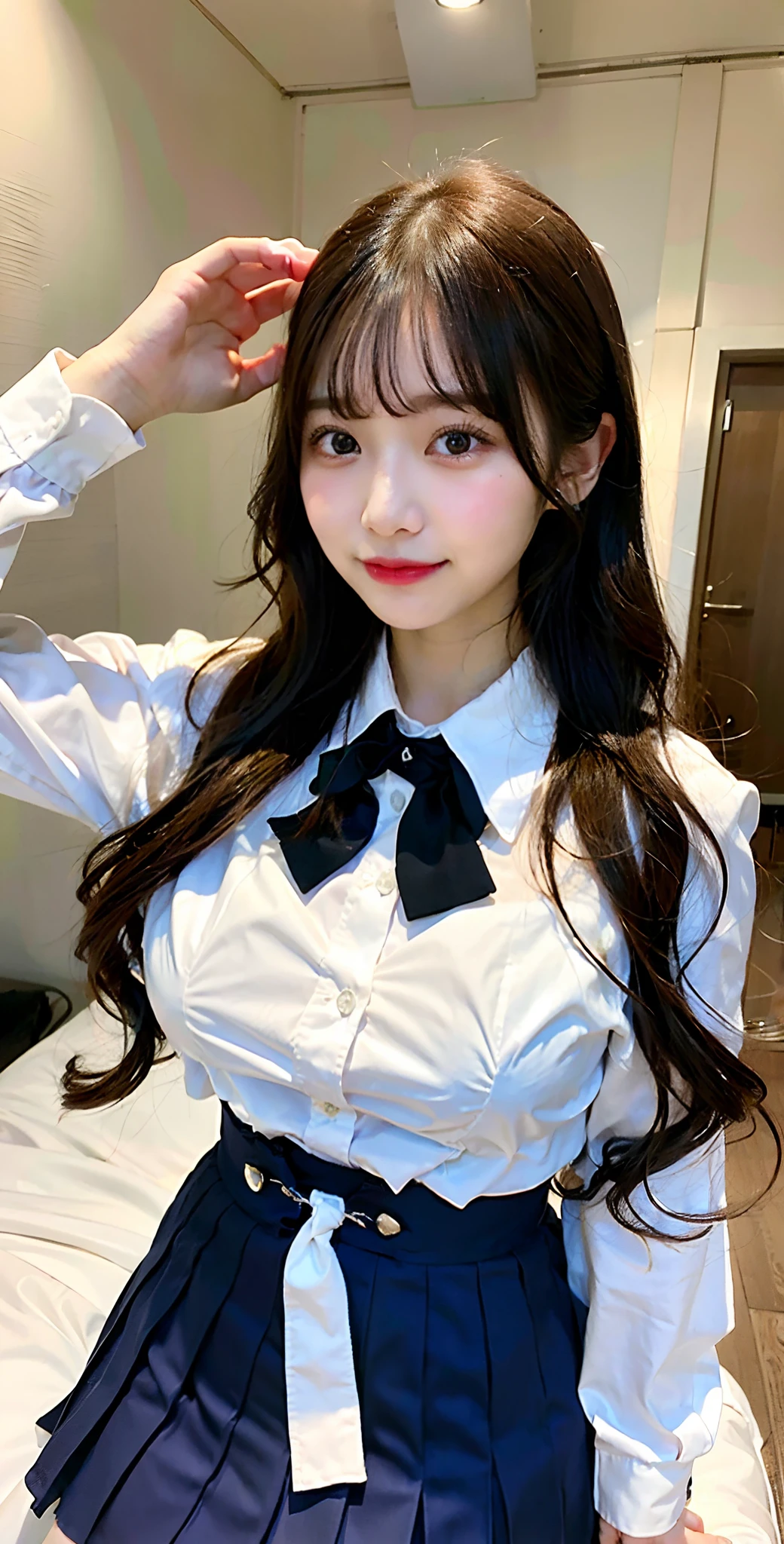 ulzzang -6500-v1.1, (Raw foto:1.2), (Photorealsitic), a beautiful detailed girl, extremely detailed eye and face, Beautiful detailed eyes, huge filesize,  hight resolution, ighly detailed, of the highest quality, [​masterpiece:1.6], [JK school uniform], illustratio, finely detail, of the highest quality, 8k wallpaper, Cinematographic lighting, 1girl in、、Cute Japan high school girl、perfect body type、[Unbutton a white school blouse、The bra is visible、Japan schoolgirl uniform]、[huge-breasted、heavy breasts、H-cup:1.9]、Beautiful big eyes、Sweat all over the body、[sexual excitement:1.1]、[lyin in bed:1.5]、Raise both hands、School uniform ribbon around neck、A slight smile、Light in the eyes、Put your head on the pillow、Button open、(Twin-tailed)、laying on back、School uniform skirt、White blouse with open buttons、bra very、No jacket