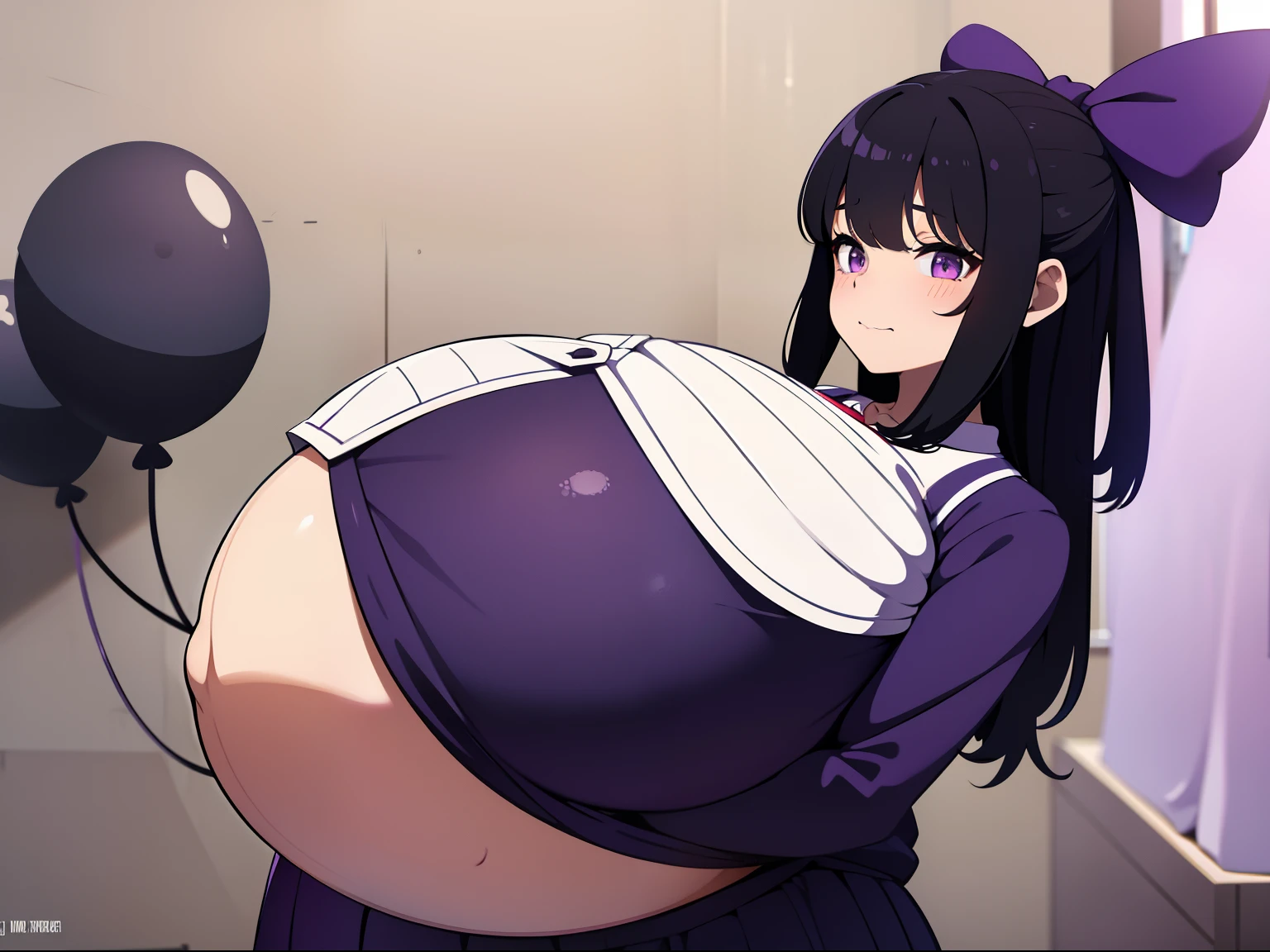 Hair Bow, black hair,Big Bump pregnant, Purple school uniform, Big boobs, nipple, cum, Big Black Balloons,16 yl, Big pregnant Belly, Big Pregnant girl, Largest Belly of Pregnant, Huge Pregnancy, background hotel room,Huge 9 months Pregnancy Belly, purple eyes