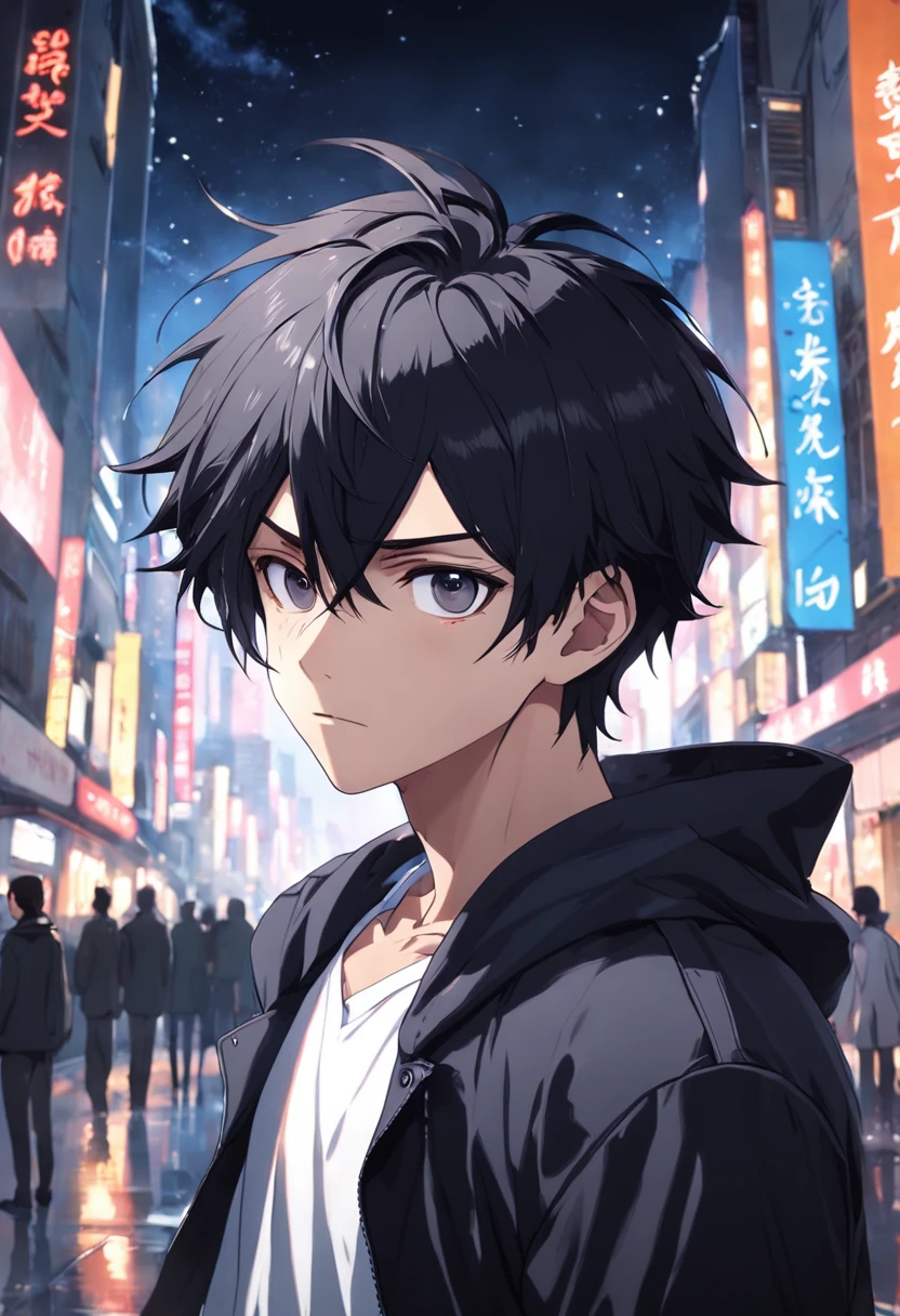 masterpiece、twinks、Uncle、Giving bangs、Forehead visible、30-years old、A dark-haired、Black jacket、Black pants、white t-shirts、Give bangs、Sticking out your forehead、twinks、Eyes drawn in detail、a handsome、Inside the city、starrysky、Mystical light、Dramatic light、Cinematic power、