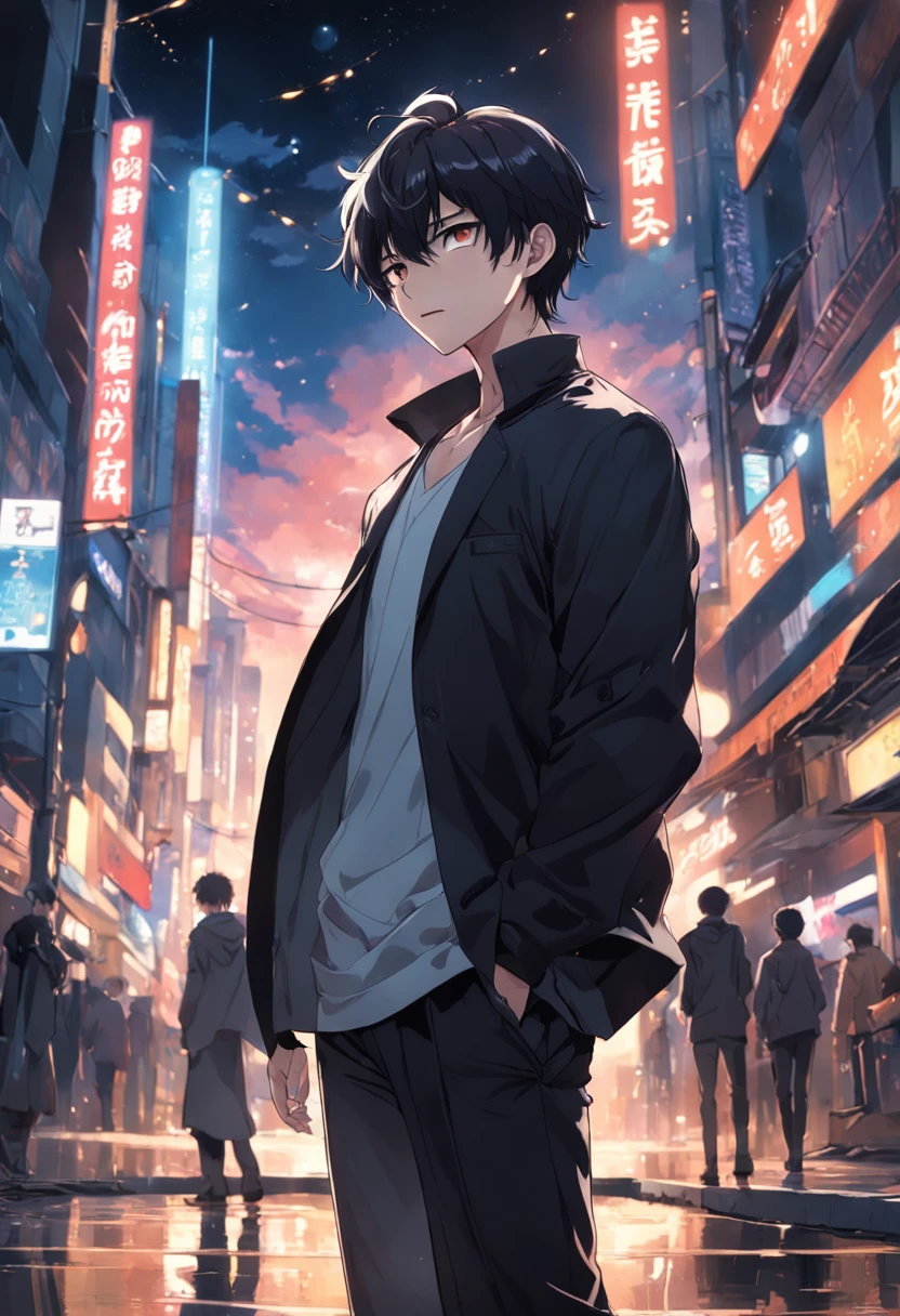 masterpiece、twinks、Uncle、Giving bangs、Forehead visible、30-years old、A dark-haired、Black jacket、Black pants、white t-shirts、Give bangs、Sticking out your forehead、twinks、Eyes drawn in detail、a handsome、Inside the city、starrysky、Mystical light、Dramatic light、Cinematic power、
