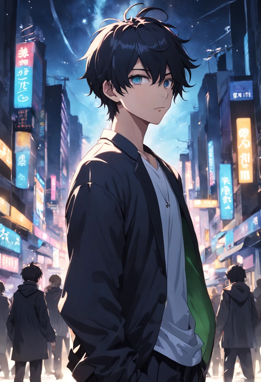 masterpiece、twinks、Uncle、Giving bangs、Forehead visible、30-years old、A dark-haired、Black jacket、Black pants、white t-shirts、Give bangs、Sticking out your forehead、twinks、Eyes drawn in detail、a handsome、Inside the city、starrysky、Mystical light、Dramatic light、Cinematic power、