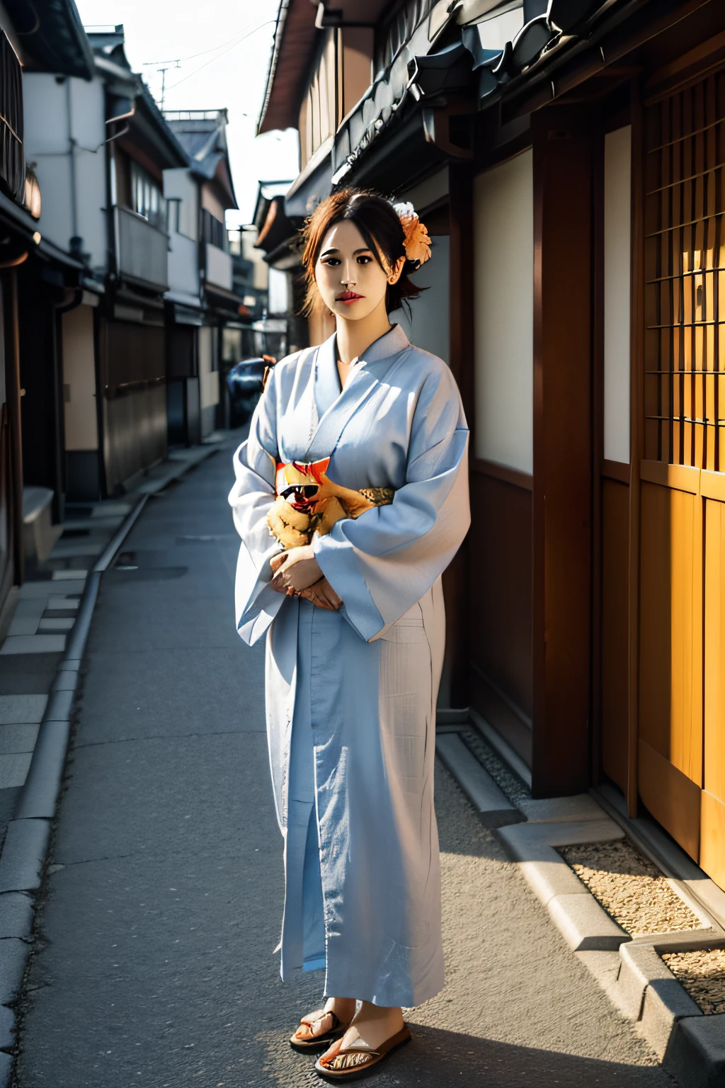 Kyoto Street Women's linen kimono Light makeup Age about 35 years old Holding an orange cat