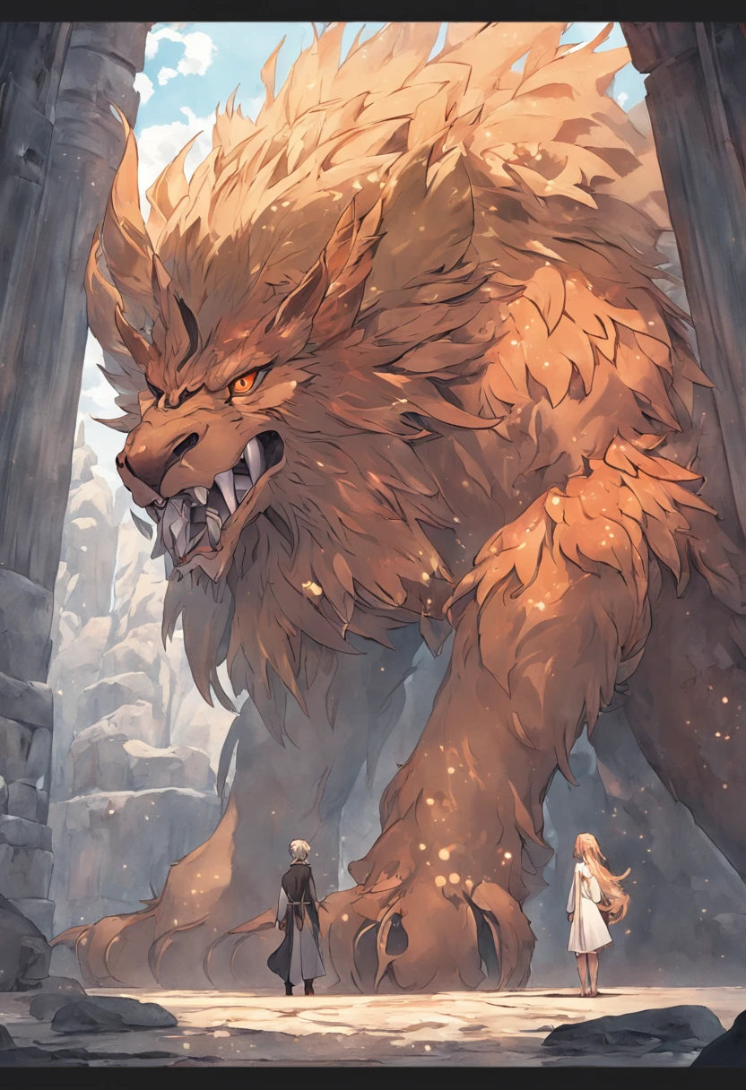 lion griffin, mytical creature, majestoso, asas poderosas, lion body, Eagle Head, olhar feroz, Garras afiadas, pena, bico dourado, tamanho grande, voador, Montanhas, Cloudy sky, ancient ruins, reino da fantasia, mythical landscape, epics, magica, mytical creature, mythical beast, feroz, mythical monster