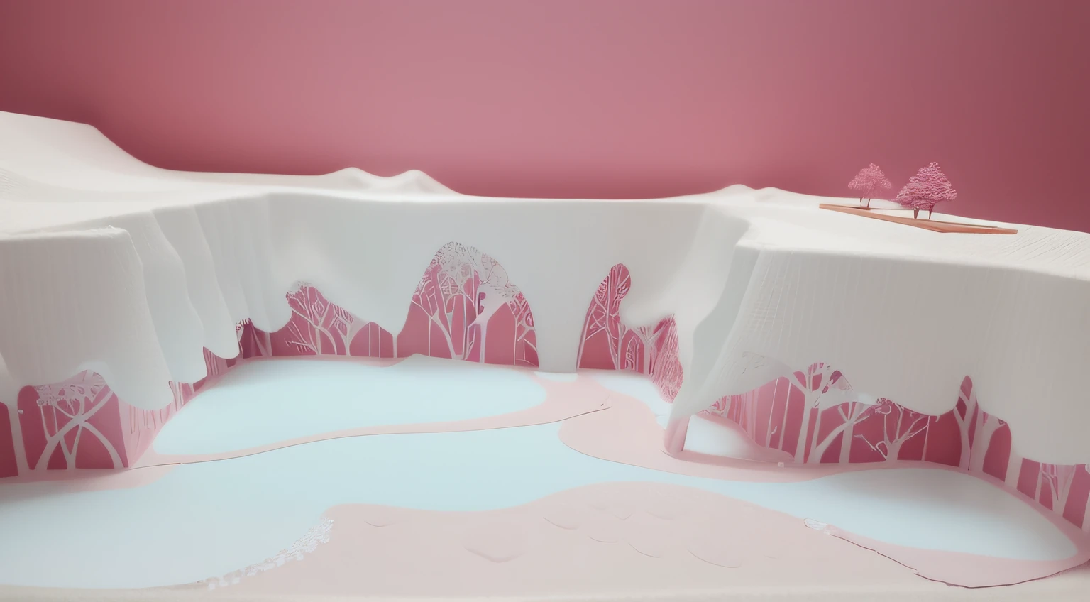 White cotton forest. Pink cardboard box in depth. maquete. cachoeira branca. cachoeira. water.
