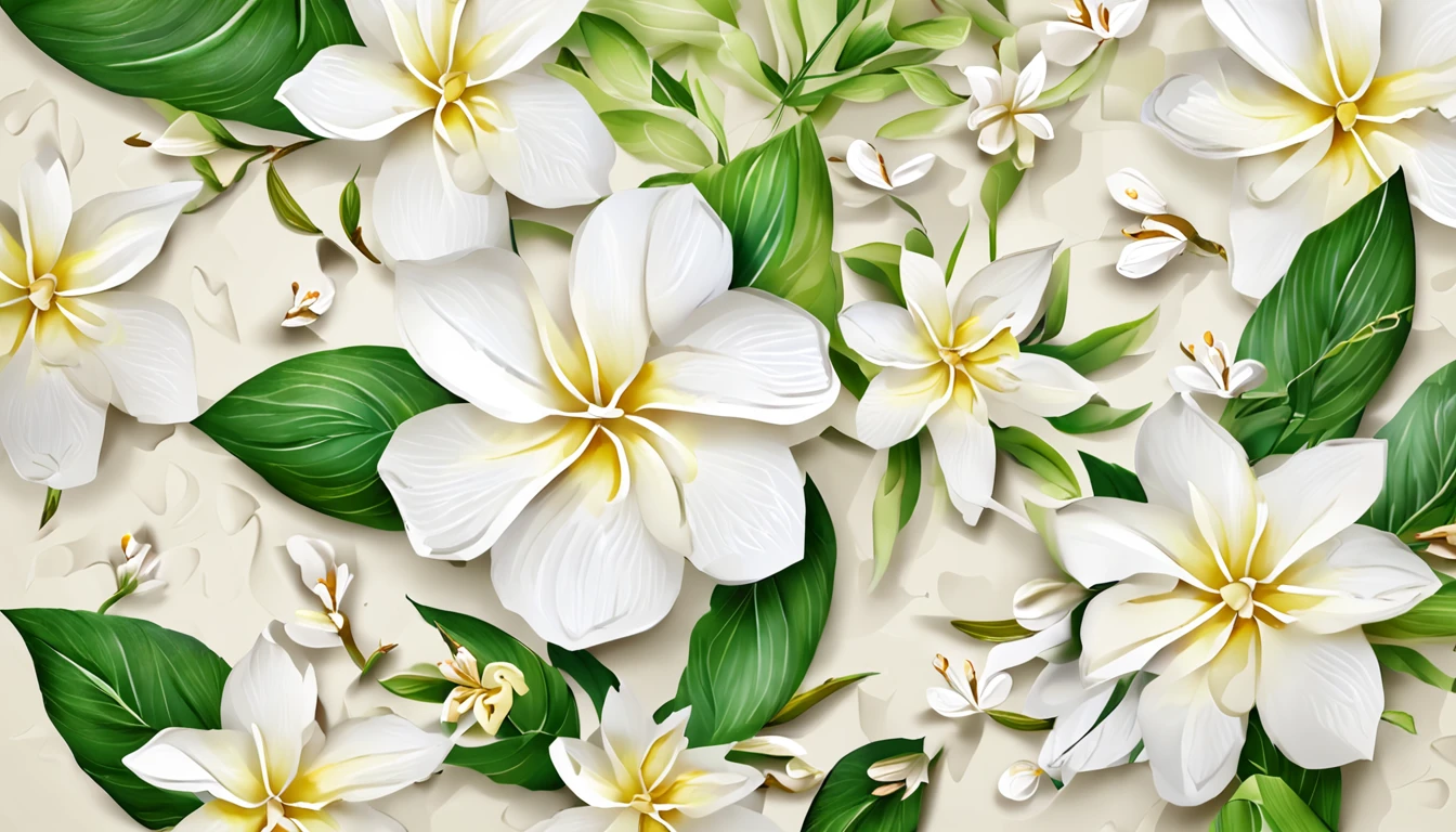 White jasmine,Draw a white flower,Green leaves and flower branches, 3D rendering of Cheng Jiasui, Tumblr, romanticism lain, background natural flower, made of flowers and leaves, paper quilling, background-image, Flower background, flowers in the background, Flower frame, Jasmine themed banner, iPhone background, botanical background, background artwork, paper art, high quality paper,Unreal Engine 5, Cinematic, low angle photography, Motion blur, Depth of field,Hyper-detailed, insanely details, Intricate details, editorial photography, shot with a 50mm lens, Depth of field, Tilt Blur, Shutter speed 1/1000, f/22. Lightmaps, Super bright