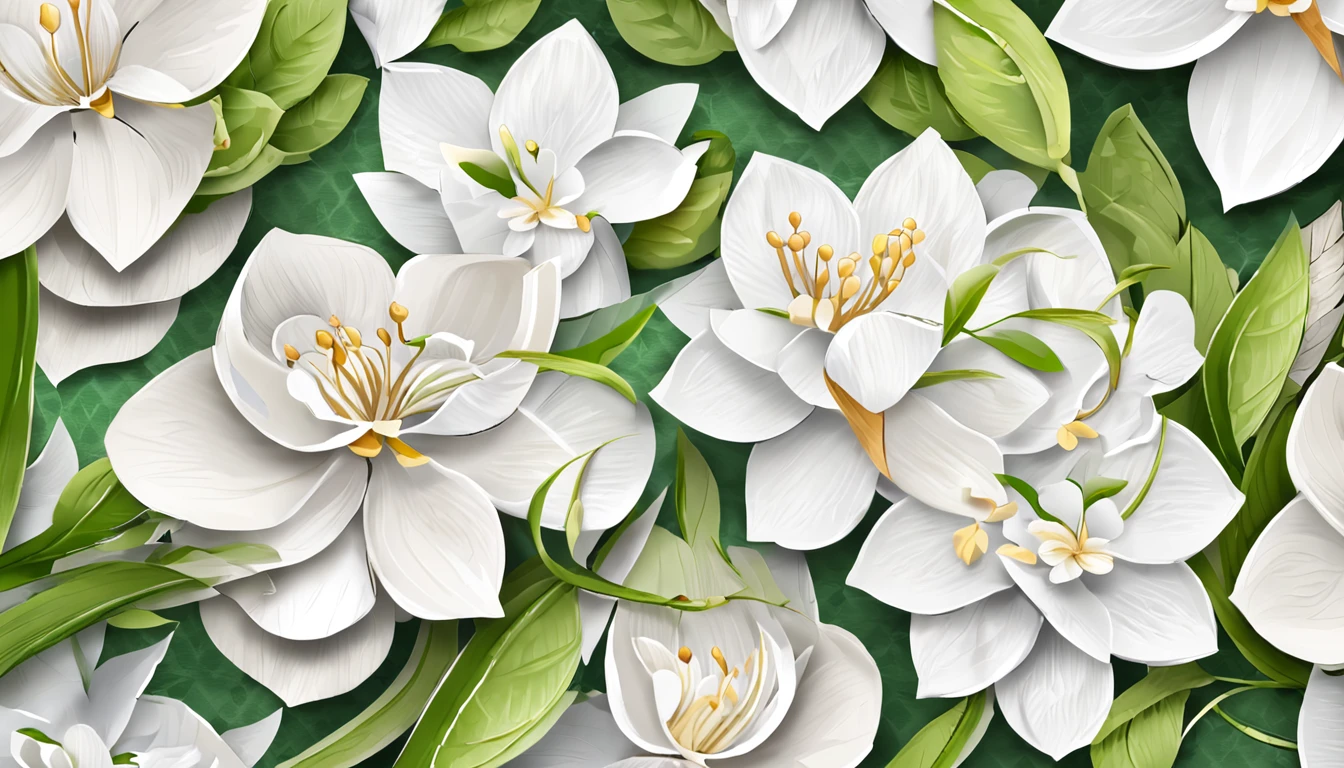 White jasmine,Draw a white flower,Green leaves and flower branches, 3D rendering of Cheng Jiasui, Tumblr, romanticism lain, background natural flower, made of flowers and leaves, paper quilling, background-image, Flower background, flowers in the background, Flower frame, Jasmine themed banner, iPhone background, botanical background, background artwork, paper art, high quality paper,Unreal Engine 5, Cinematic, low angle photography, Motion blur, Depth of field,Hyper-detailed, insanely details, Intricate details, editorial photography, shot with a 50mm lens, Depth of field, Tilt Blur, Shutter speed 1/1000, f/22. Lightmaps, Super bright