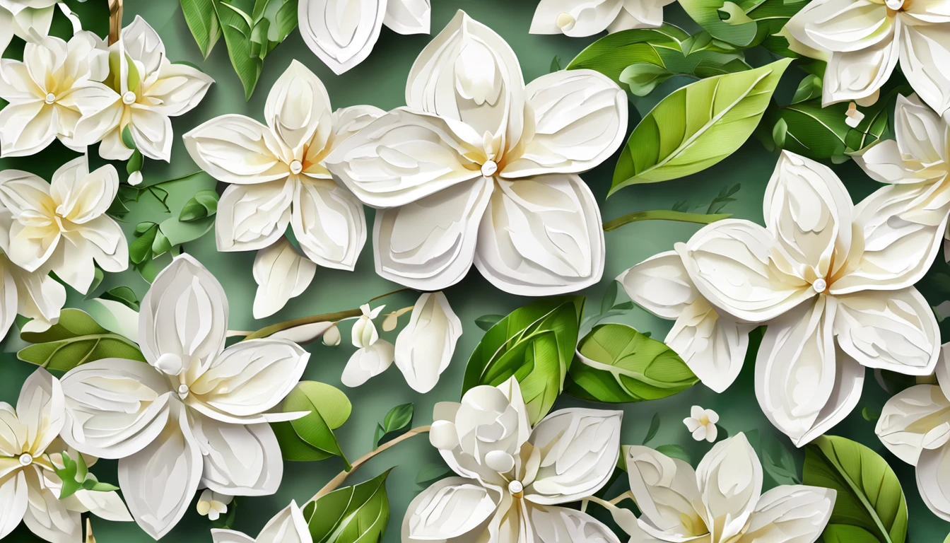 White jasmine,Draw a white flower,Green leaves and flower branches, 3D rendering of Cheng Jiasui, Tumblr, romanticism lain, background natural flower, made of flowers and leaves, paper quilling, background-image, Flower background, flowers in the background, Flower frame, Jasmine themed banner, iPhone background, botanical background, background artwork, paper art, high quality paper,Unreal Engine 5, Cinematic, low angle photography, Motion blur, Depth of field,Hyper-detailed, insanely details, Intricate details, editorial photography, shot with a 50mm lens, Depth of field, Tilt Blur, Shutter speed 1/1000, f/22. Lightmaps, Super bright