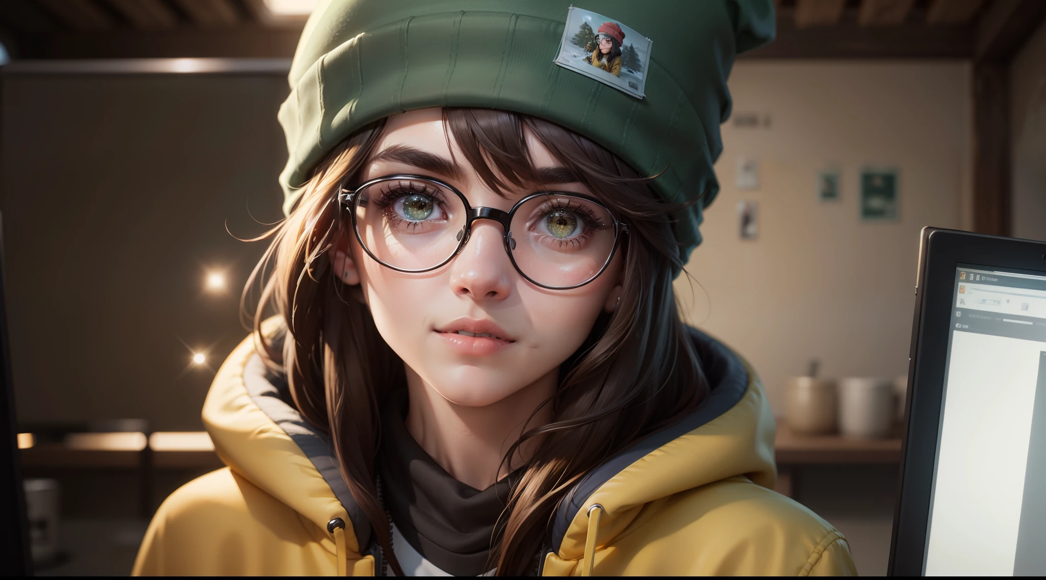 focused upper body, 1girl, green beanie hat, wearing glasses, yellow hoodie, sparkling eyes, short brown hair, computer background, intricate detail, 8k resolution, masterpiece, 8k resolution photorealistic masterpiece, professional photography, natural lighting, detailed texture,