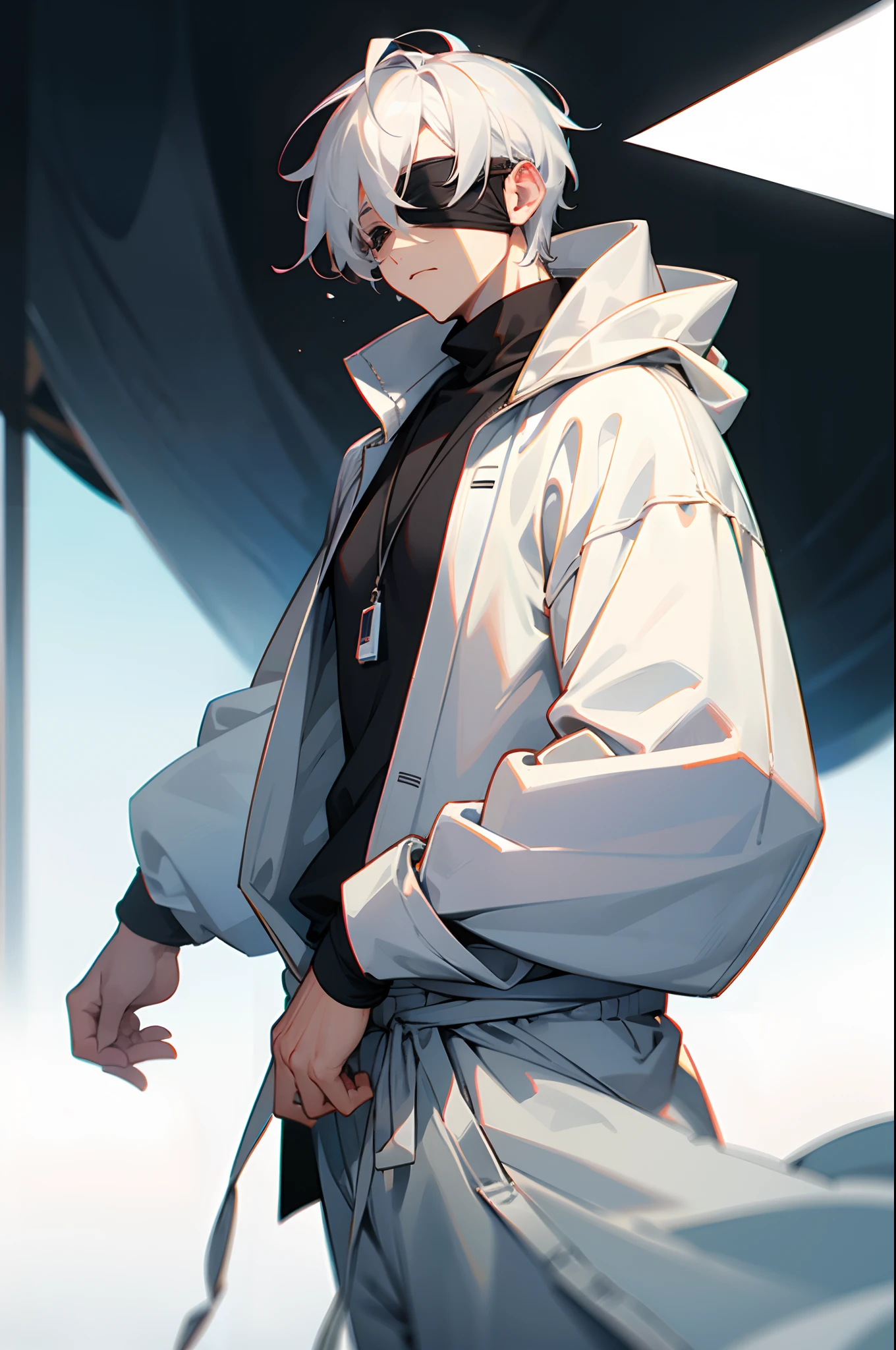 1male, adult, white hair, gojo blindfold, black sweatshirt, white sweatpants, village
