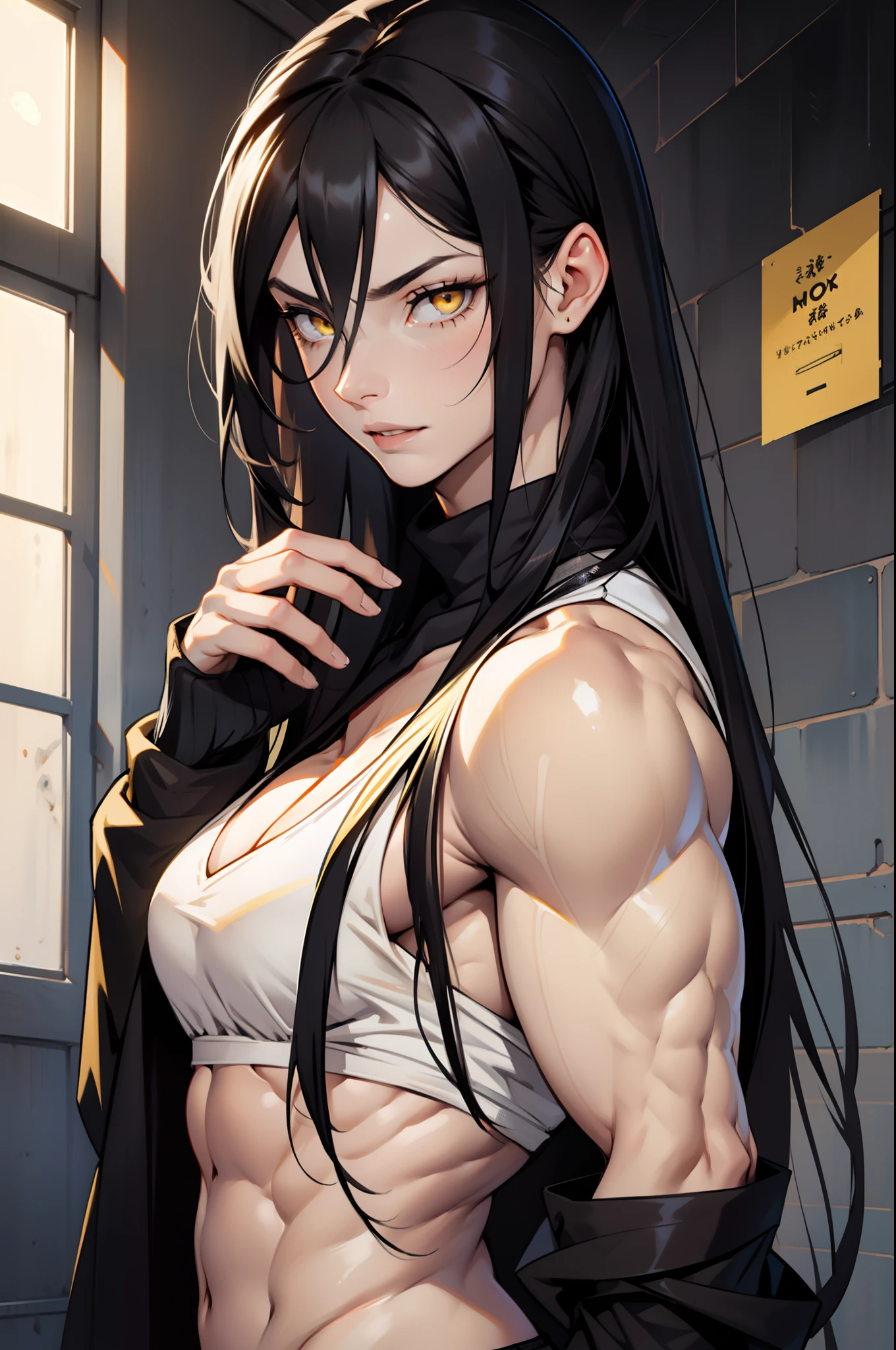 (((1 girl))), black hair, yellow eyes, very long hair, ((((muscular)))), tall, pale skin, (seductive expression)