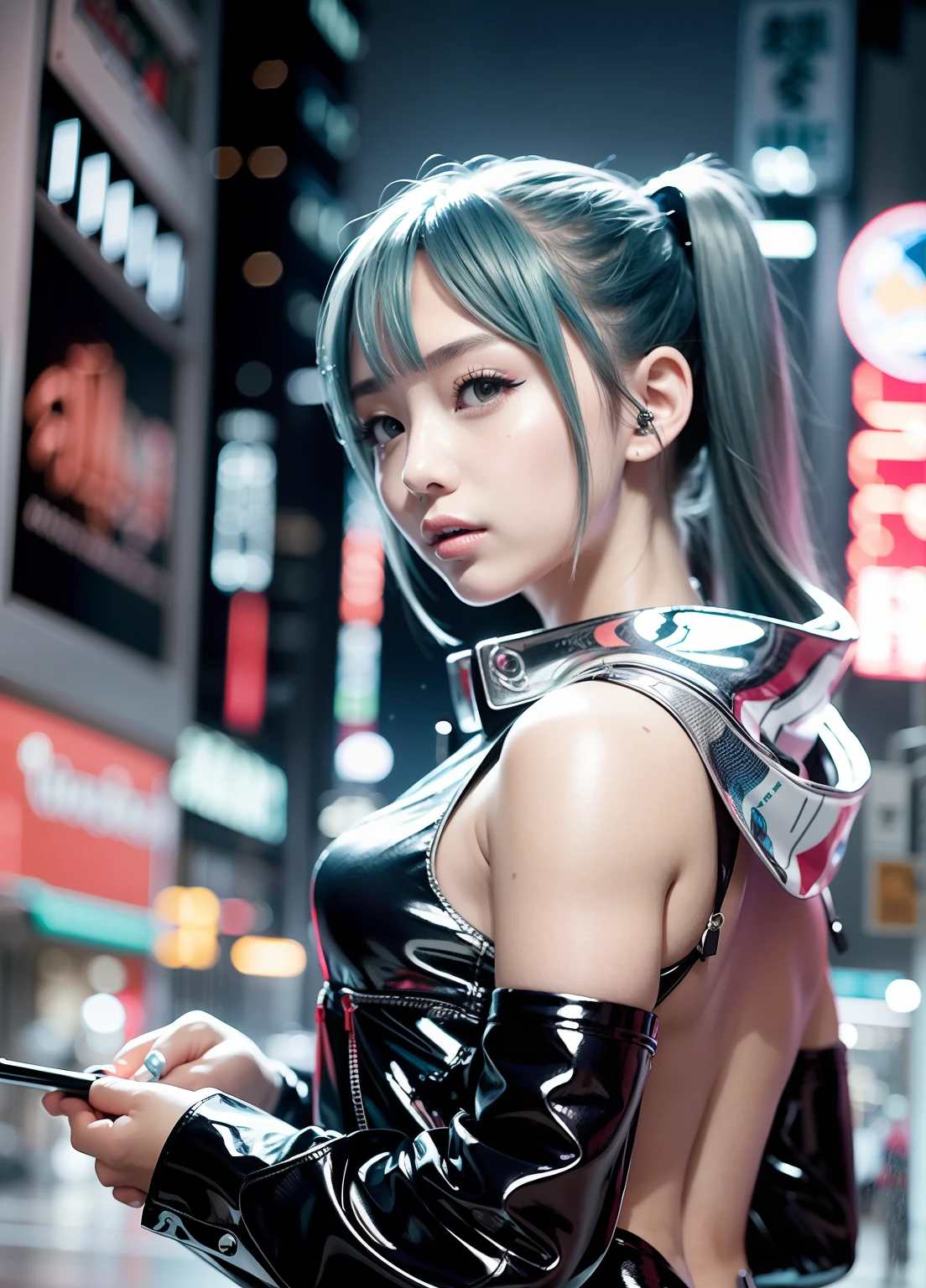 miku hatsune、Neon Ninja Style、Japan young girl in shiny silver clothes as futuristic urban cyberpunk character。Hair scrunchies, hime-cut, Silver hair,, Color Chip, Medium Hair, O cabelo multicolorido, Bangs parting, Parted lips, Red Lipstick、fullmoon, grey  eyes, sexiness and coolness、Night、neons、Future、Concept art、World of Blade Runner、toron worldview、ghost in the shell world view、Painting、Illuminated、a closeup、Detailed light、backlit glow。Rainy night in cyberpunk city with glowing neon lights。Dynamic and dynamic composition。