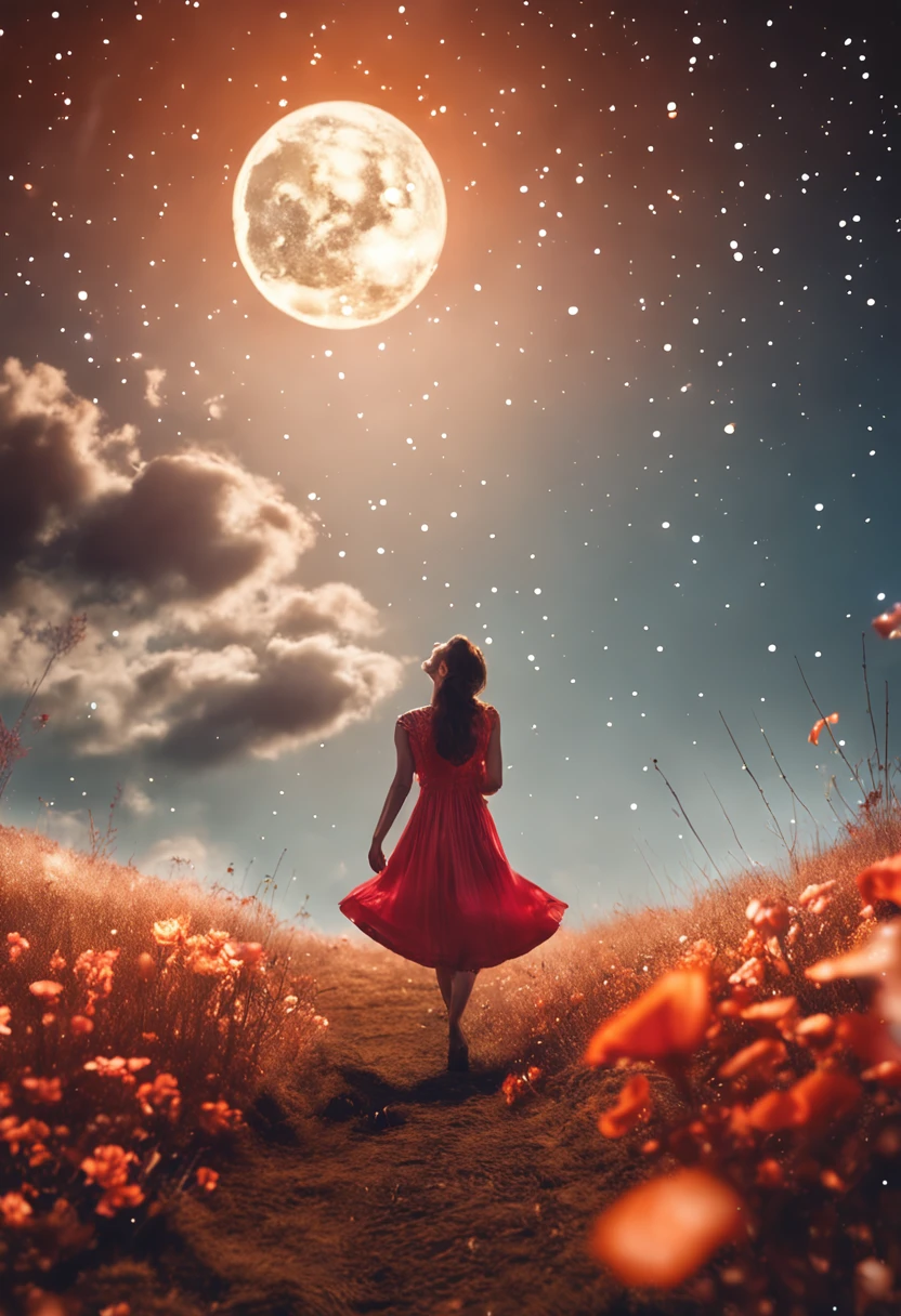 Expansive landscape photograph, (View from below,Displays the sky above and the clearing below), A girl stands on a flower field and looks at this, (full moon:1.2), , (Starcloud:1.3), Far Mountain, Tree Break makes art, (Warm light source:1.2), (Firefly:1.2), lamp lights, Lots of red and orange, Intricate details, Volumetric lighting BREAK (Masterpiece:1.2), (Best quality), 4K, Ultra-detailed, (Dynamic composition:1.4), Highly detailed, Colorful details,( Iridescent colors:1.2), (luminouslighting, Atmospheric lighting), Dreamy, magical, (Solo:1.2),((The girl wore a long dress,Hold this folding fan in your hand)),(Super detailed starry sky)