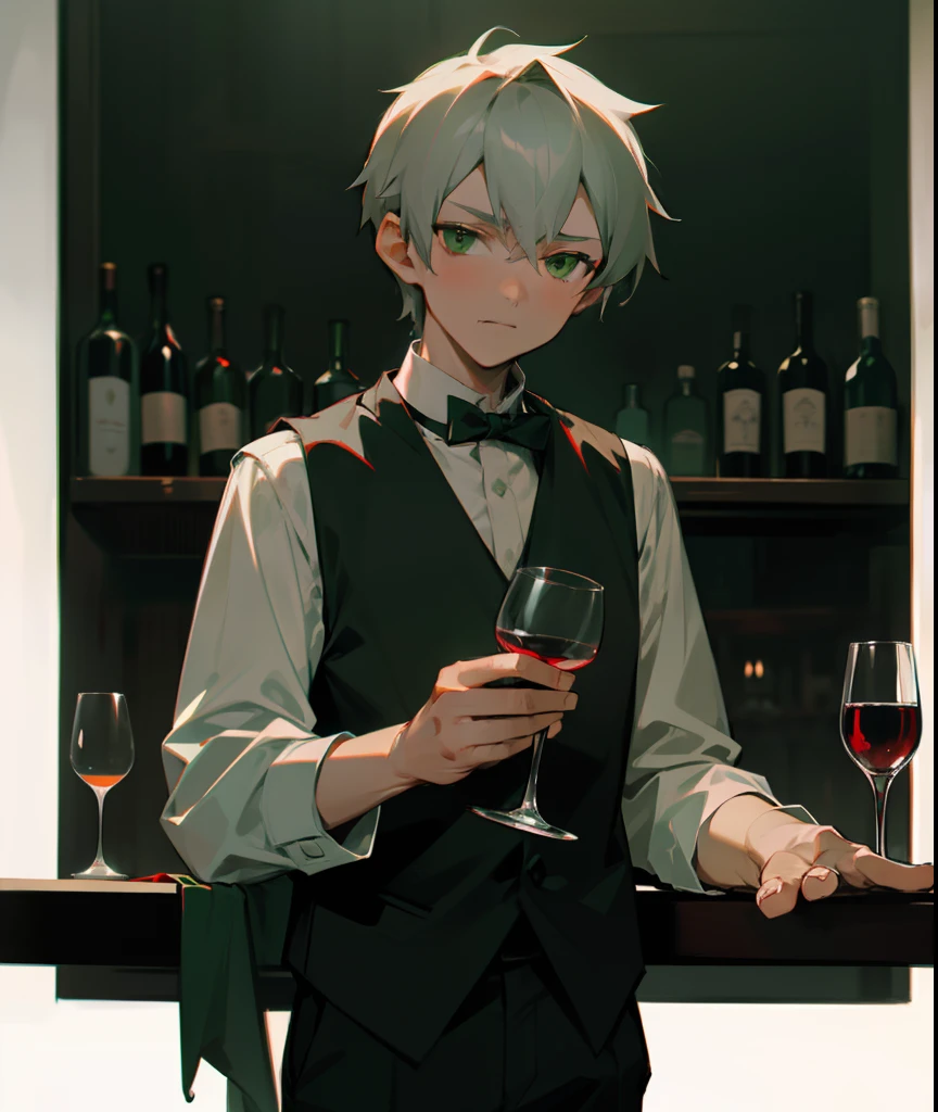 A cold and handsome ,Gray hair and green eyes,Wear waiter attire,Black vest white shirt,In the bar in the evening,The scene is dark and the lights are red and green in the night。