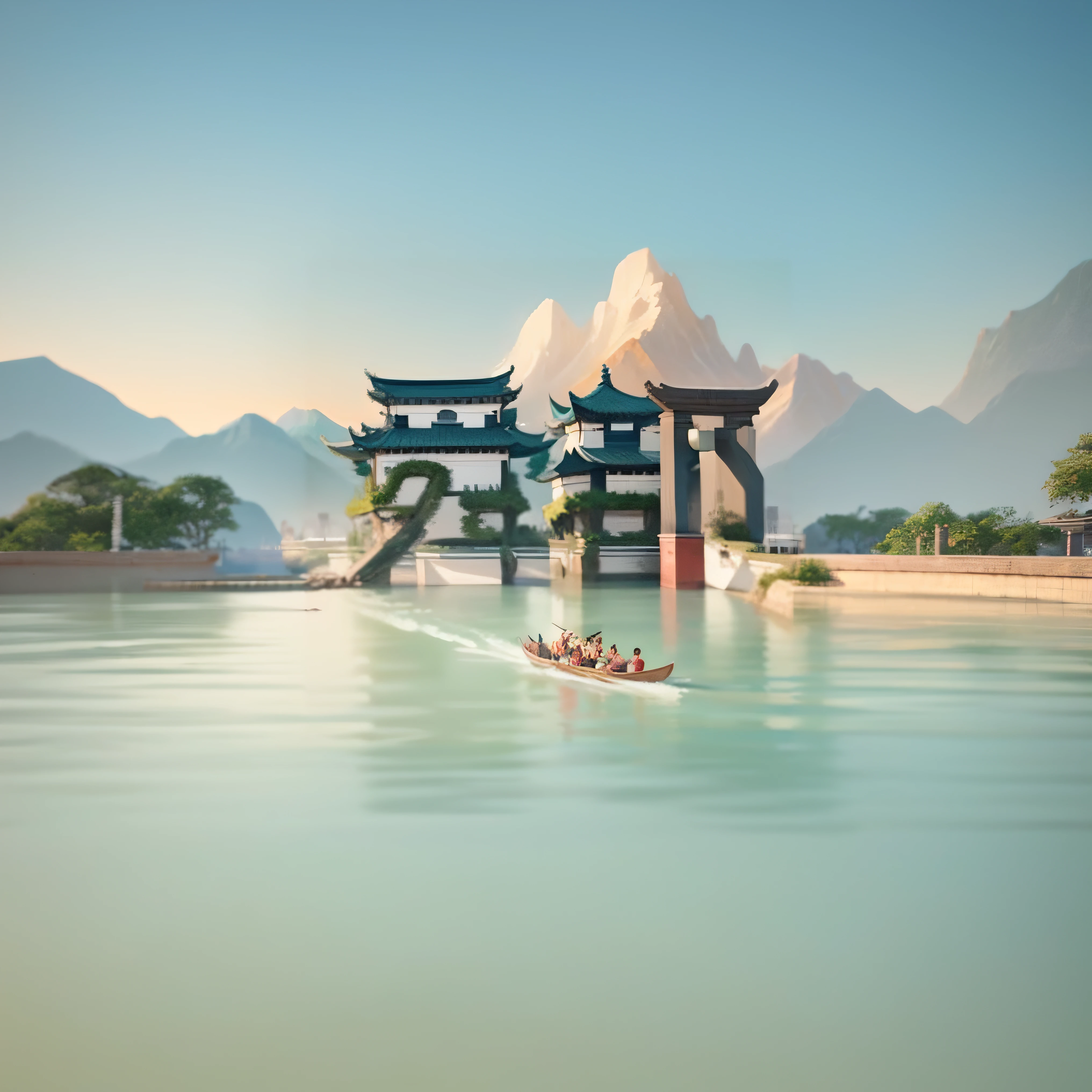 There was a boat going down the river in the water, dreamy Chinese towns, Illustration matte painting, Rosla global lighting, 3 d render and matte painting, ross tran. scenery background, 3 d epic illustrations, 3d rendered matte painting, game art matte painting, By Fei Danxu, environment design illustration, 3d matte painting, Inspired by Feng Zhu