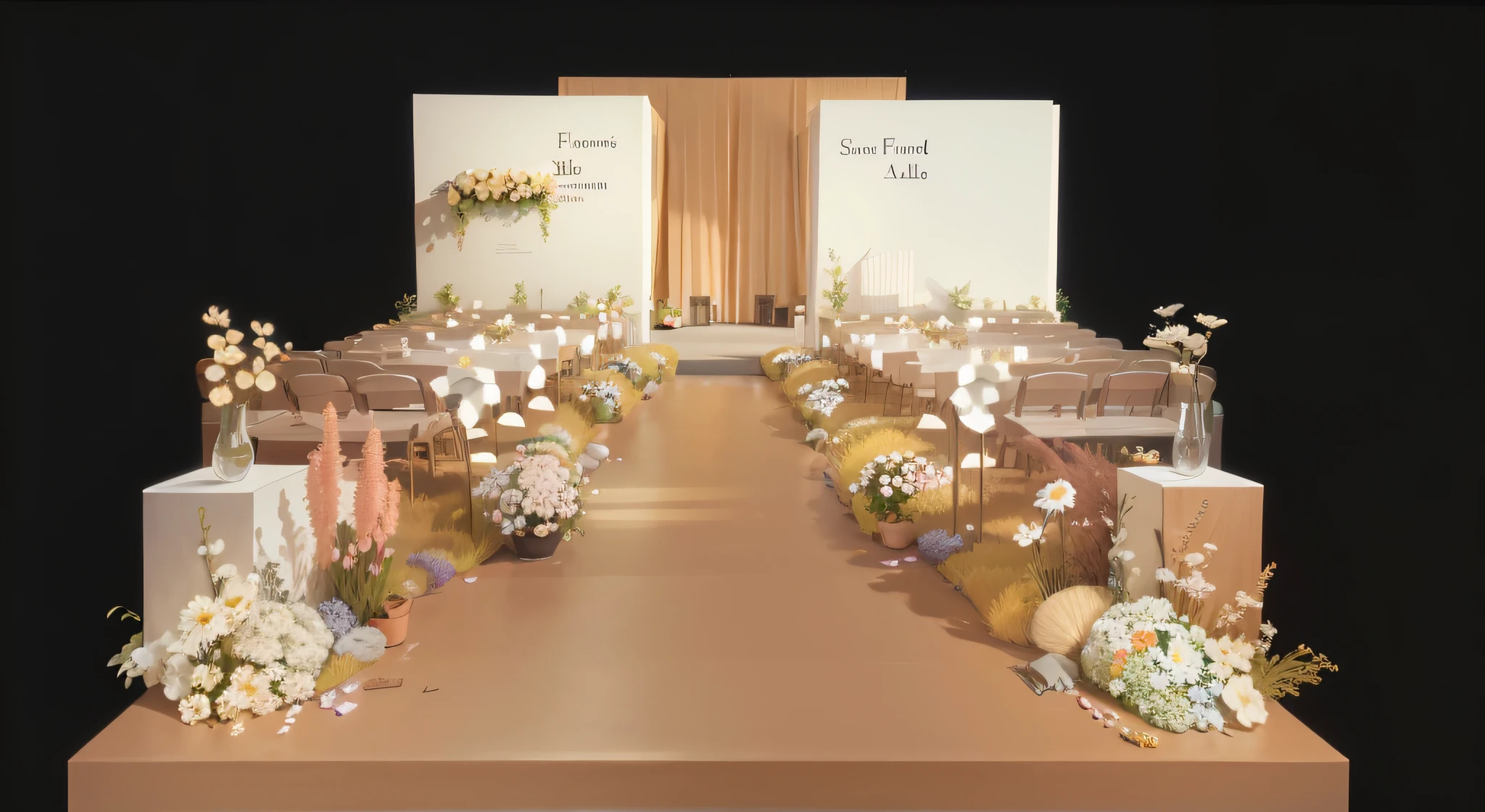 (((foster and partners,artist impression,artistic impression,Hamish MacDonald,Carey Morris,David Brewster,Higher detail illustration,Helen Berman,illustratio,A detailed illustration,Nick Fudge,Warren Mahi,artist impression))),Wedding design,Renderings,3Drenderingof,There are many flowers on the ground,There are no flower pots,Floral
